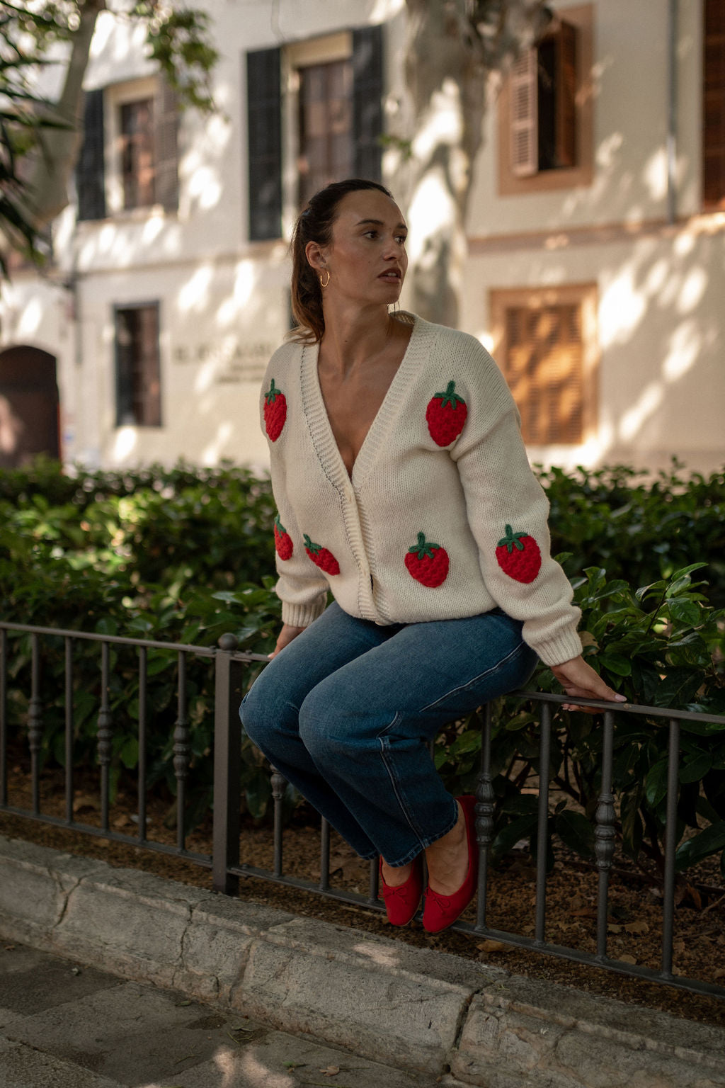 Cream Contrast Strawberry Knitted Short Cardigan
