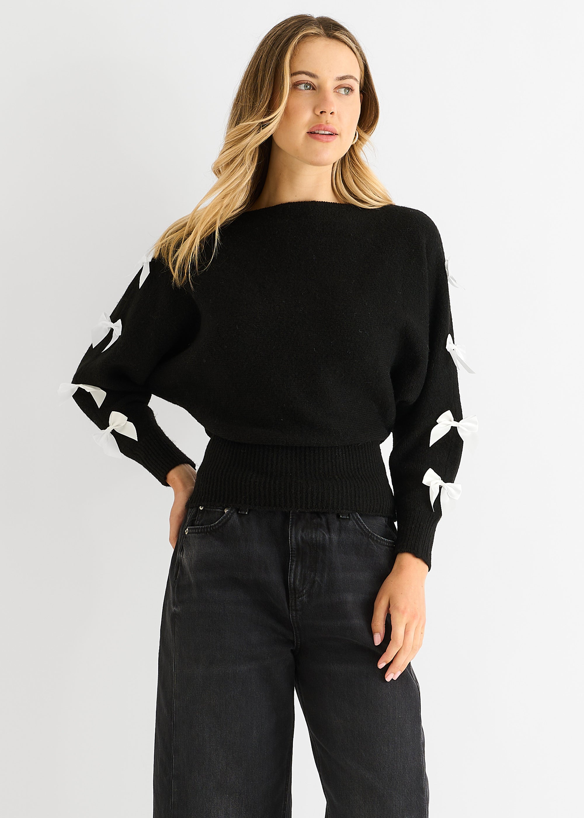 Black Slash Neck Crop Bow Knit Jumper