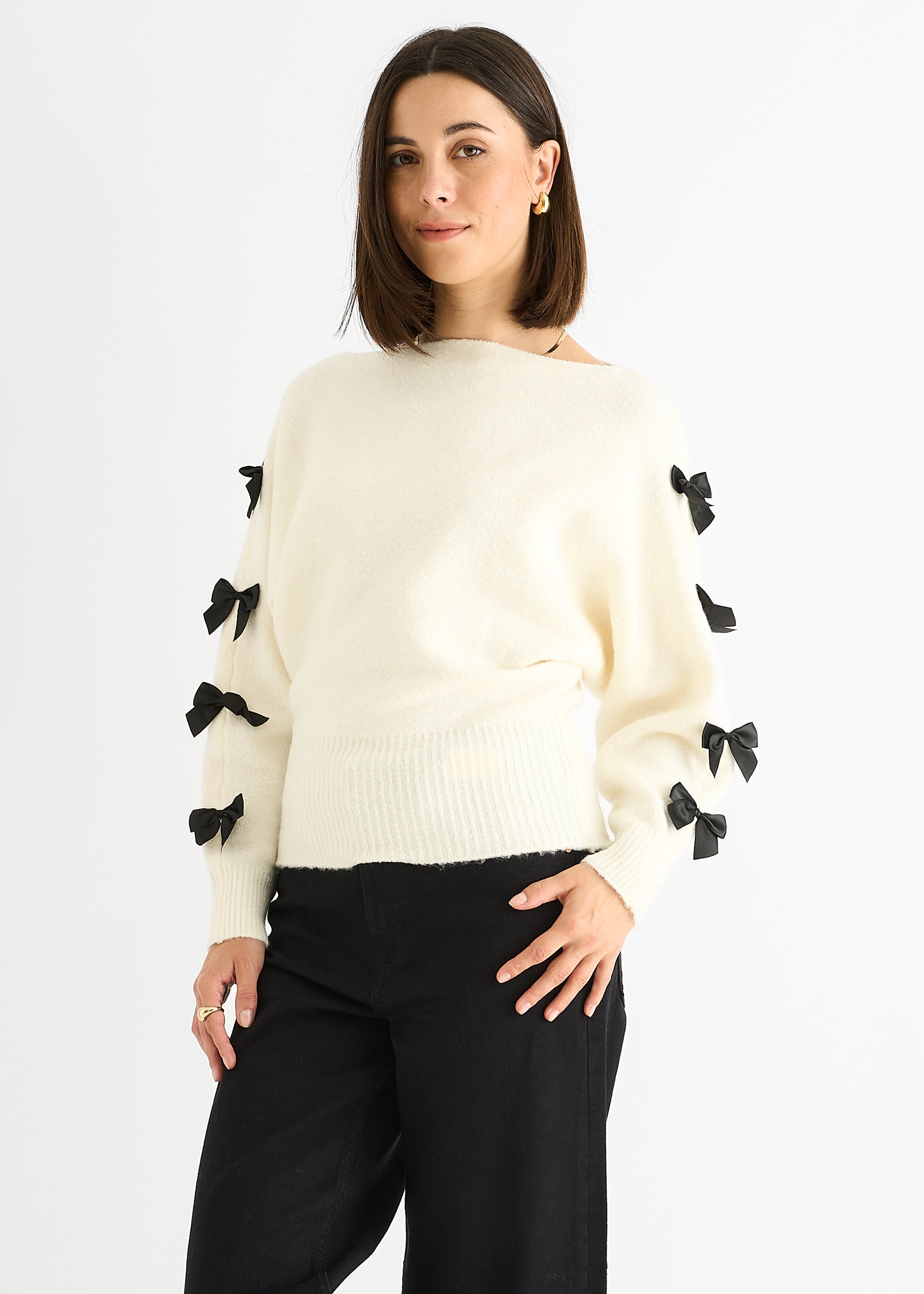 Cream Slash Neck Crop Bow Knit Jumper