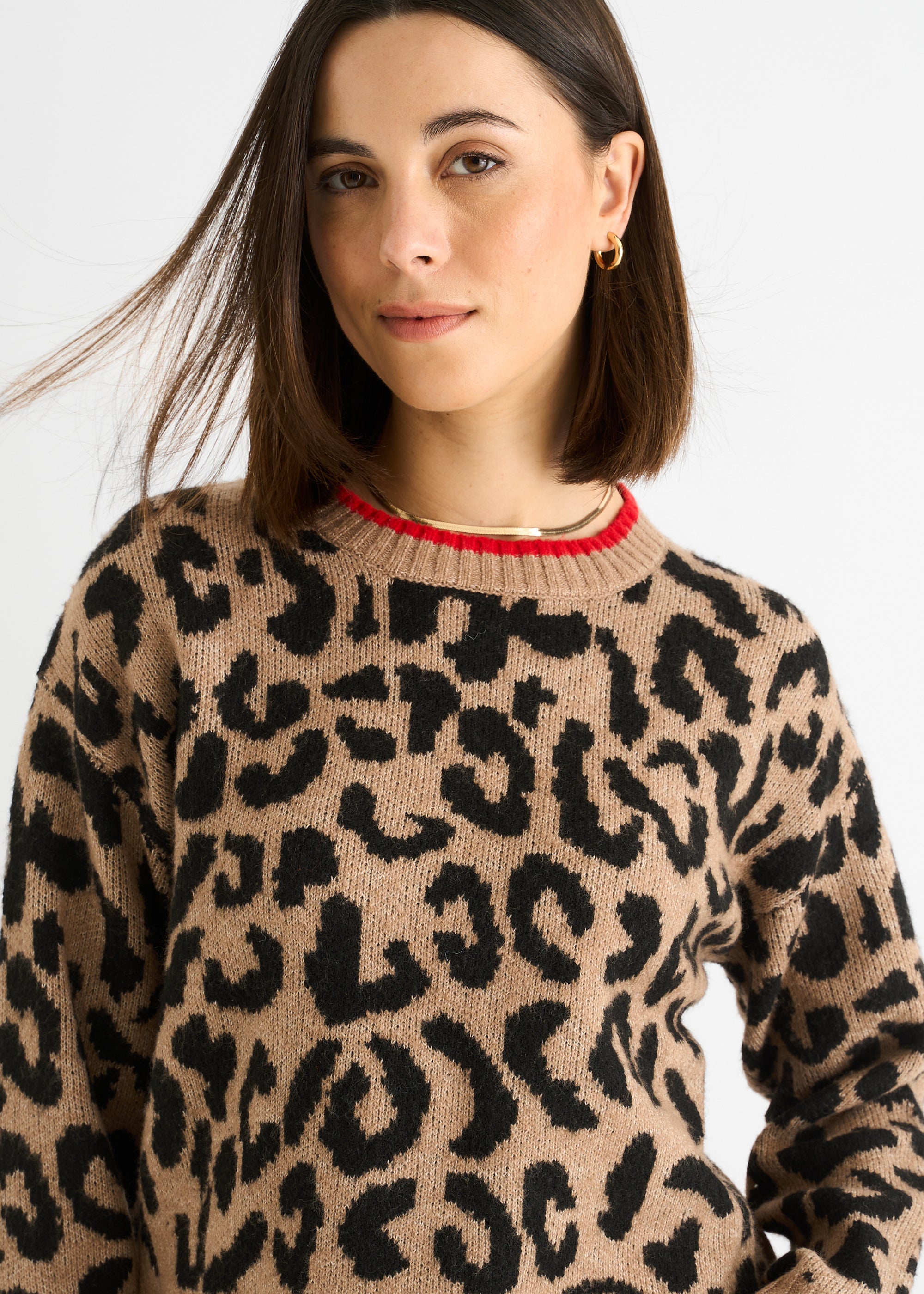 Camel Contrast Piping Animal Knit Jumper