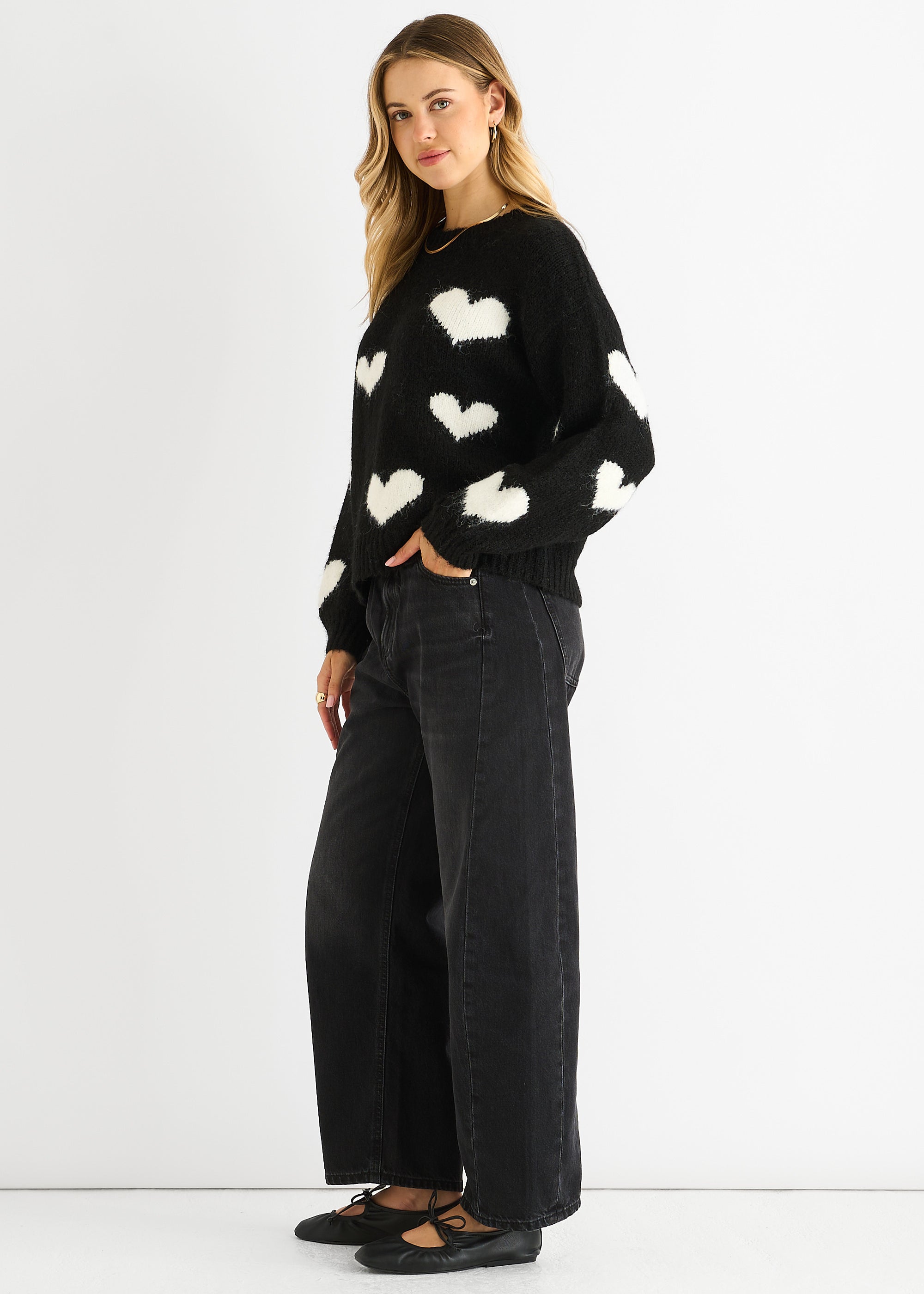 Black Contrast Heart Oversized Knit Jumper