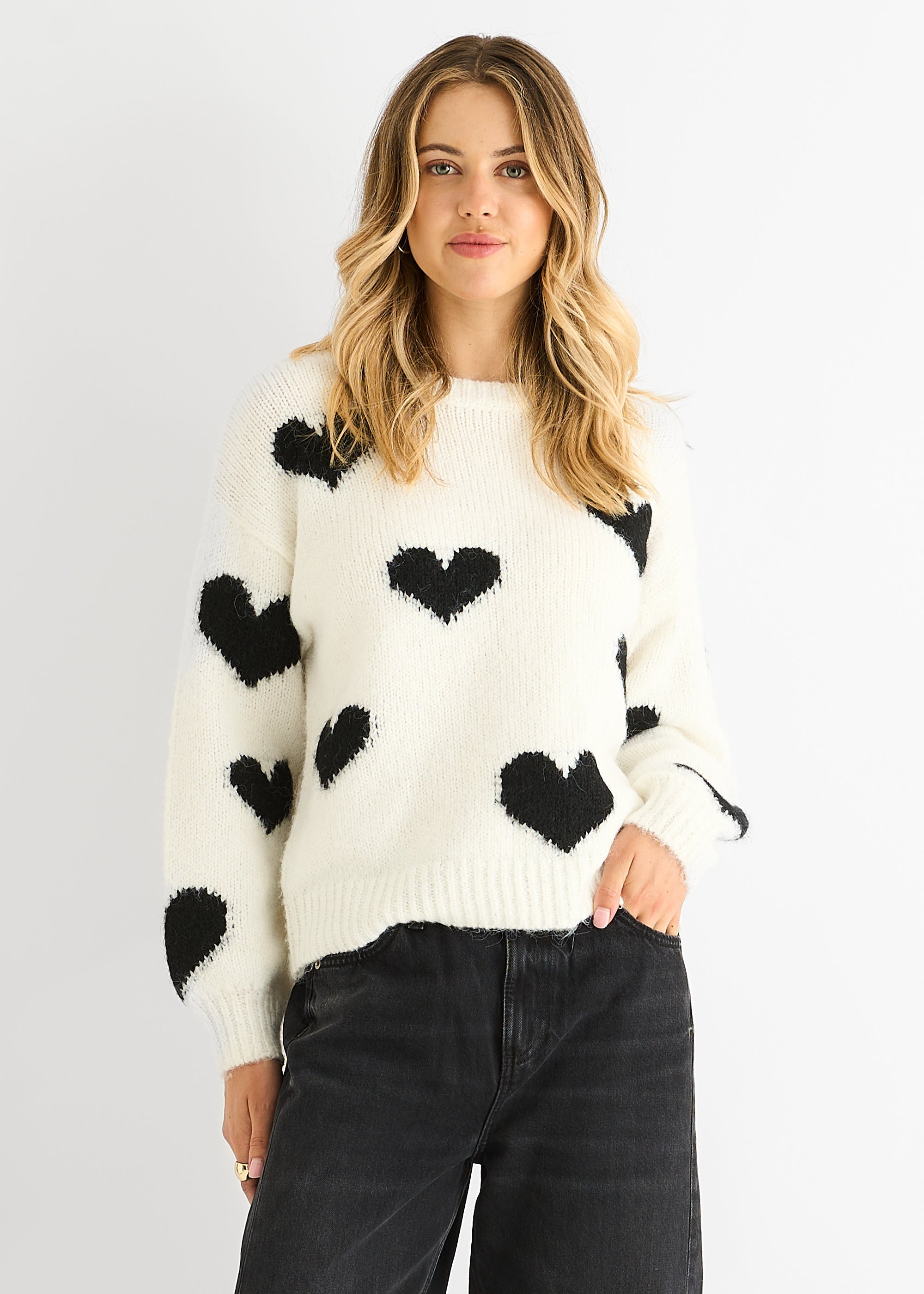 Cream Contrast Heart Oversized Knit Jumper