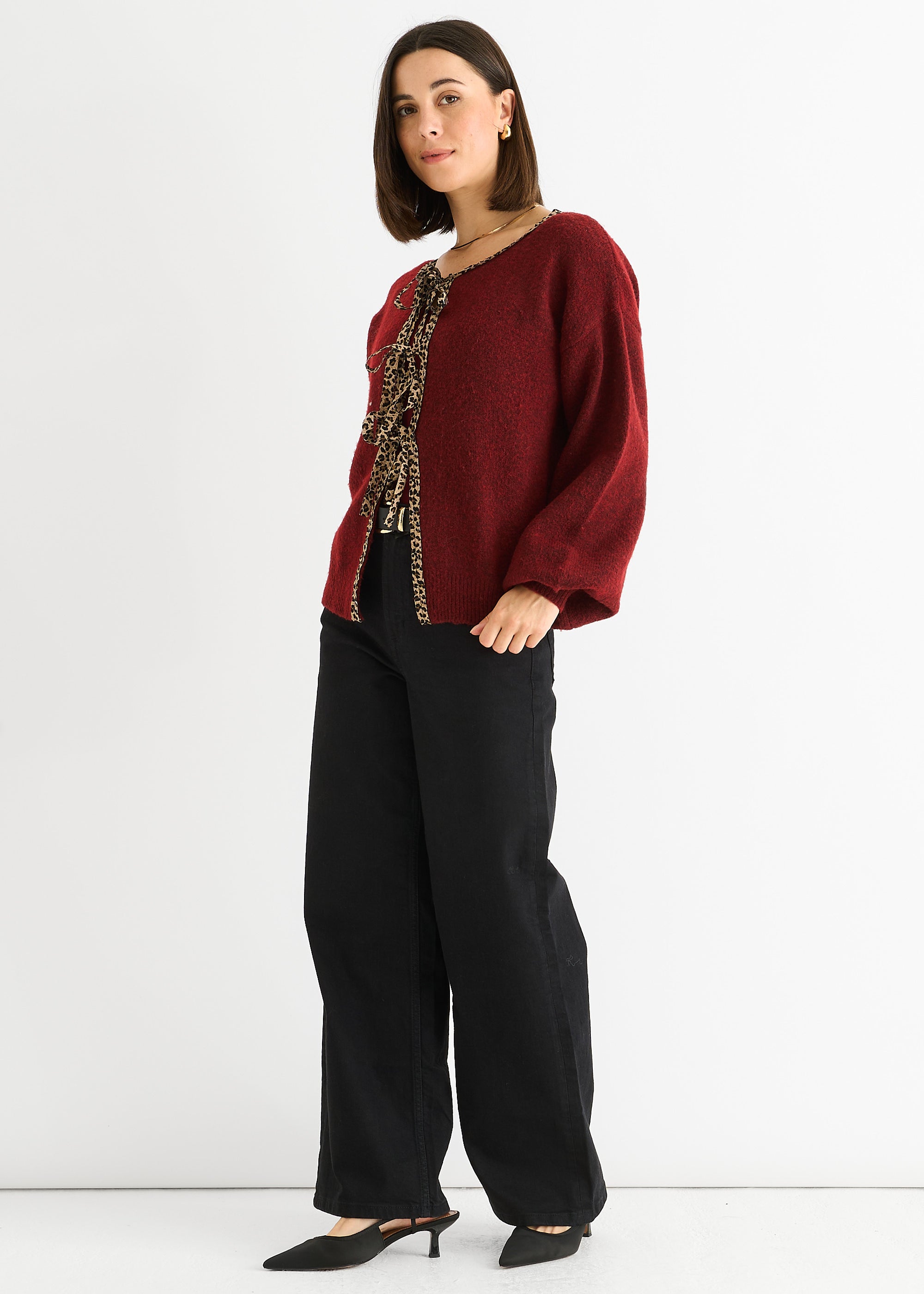 Burgundy Contrast Animal Tie Oversized Knit Cardigan