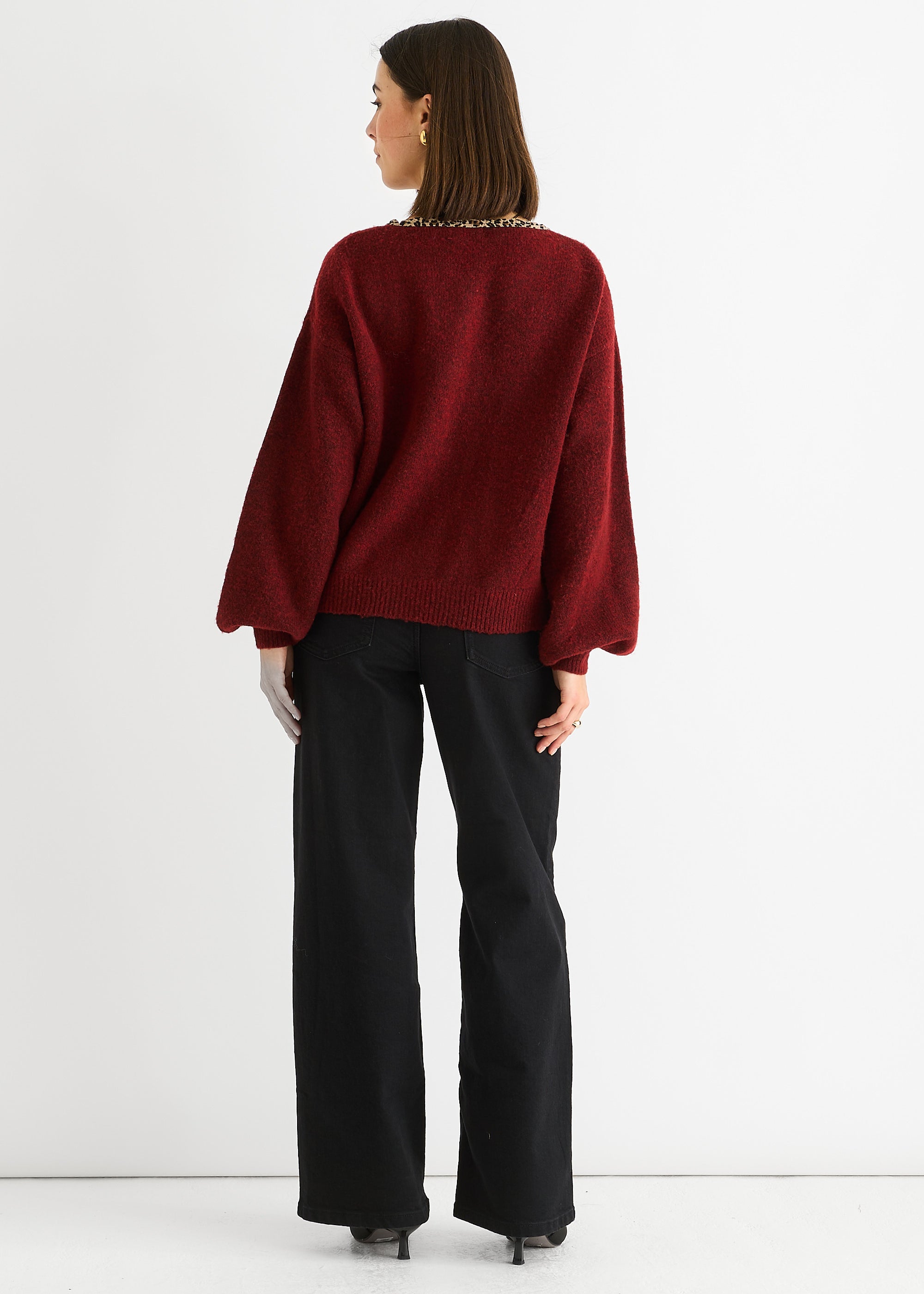Burgundy Contrast Animal Tie Oversized Knit Cardigan