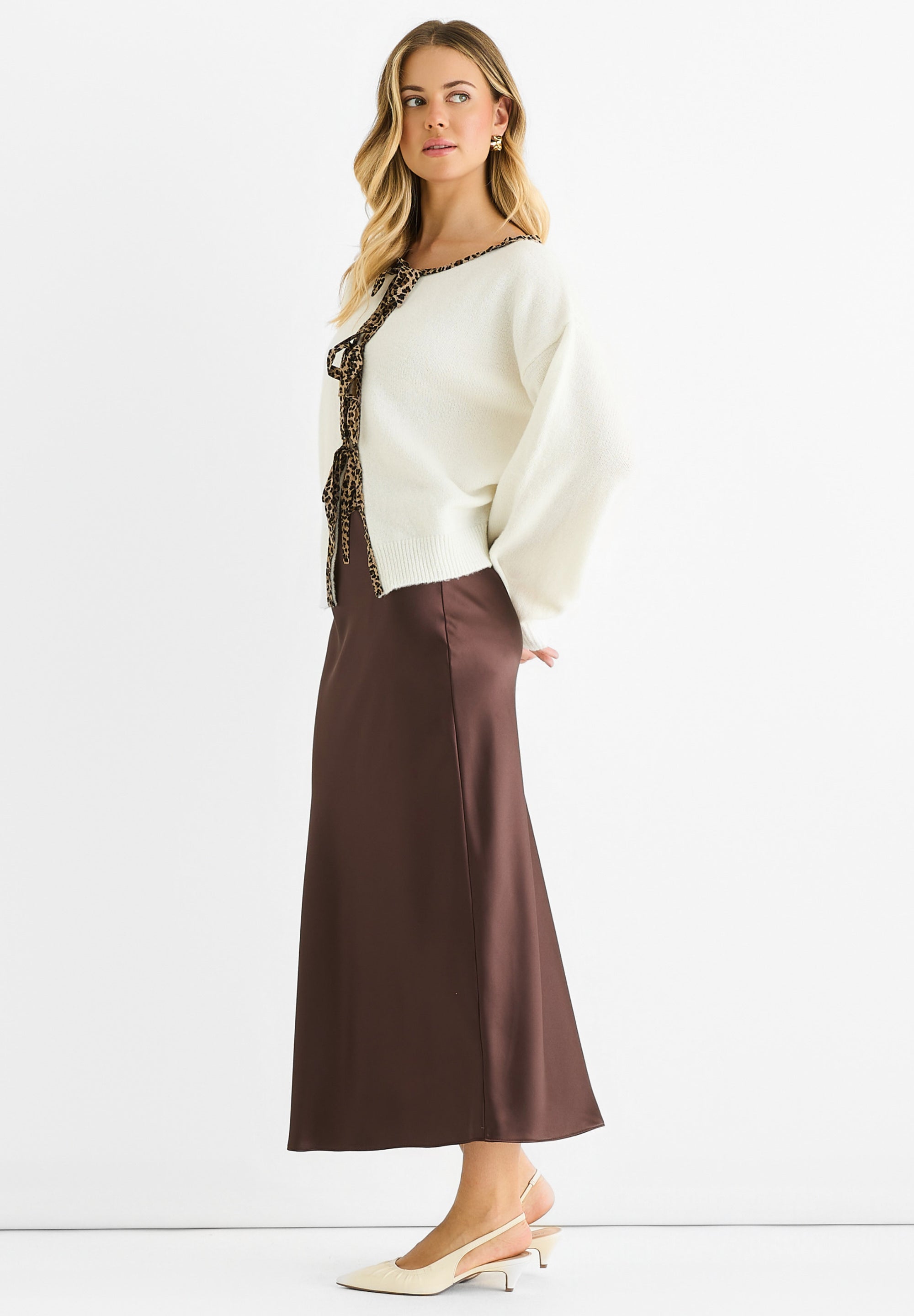 Cream Contrast Animal Tie Oversized Knit Cardigan