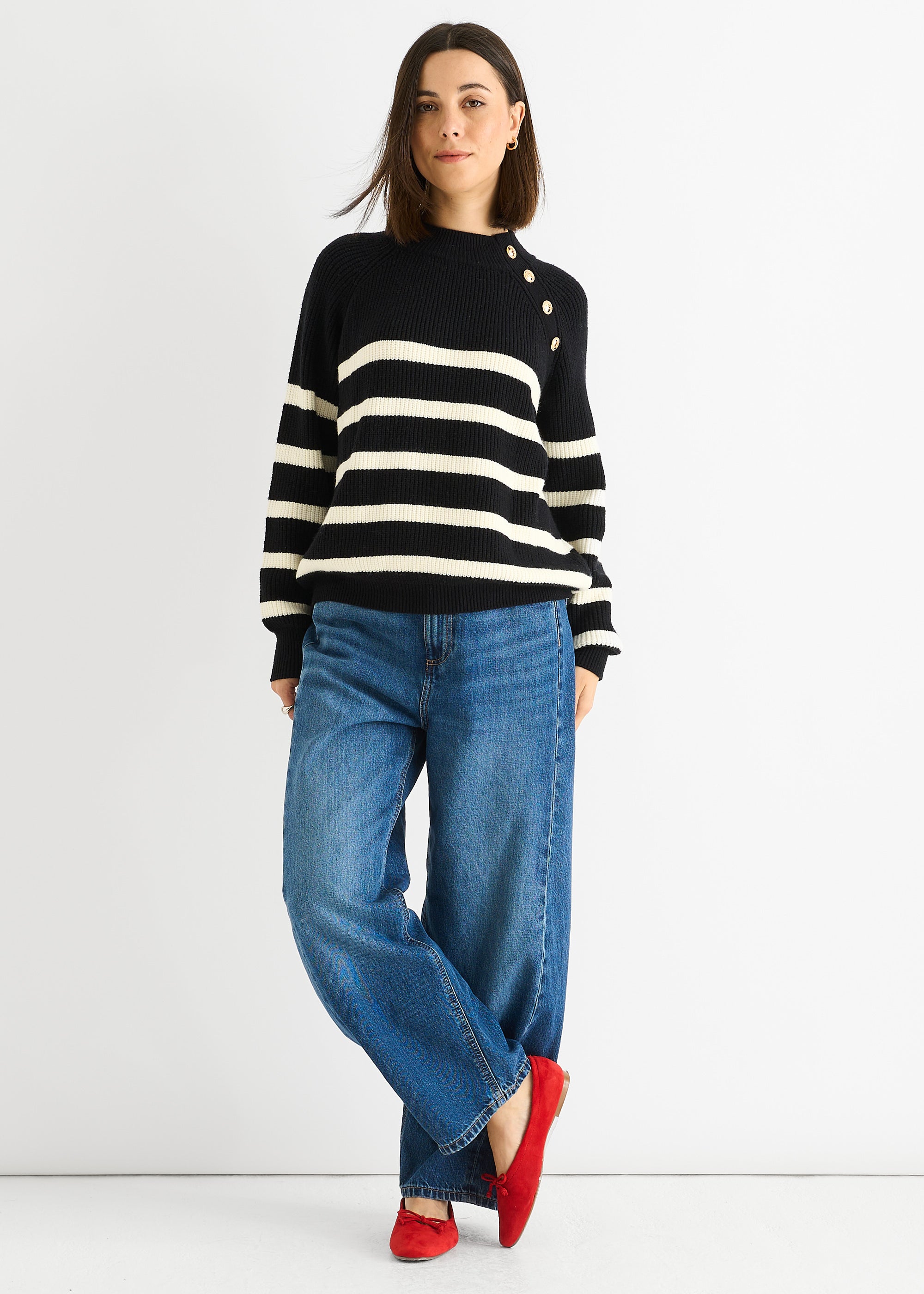 Black Stripe Cable Knit Button Oversized Jumper