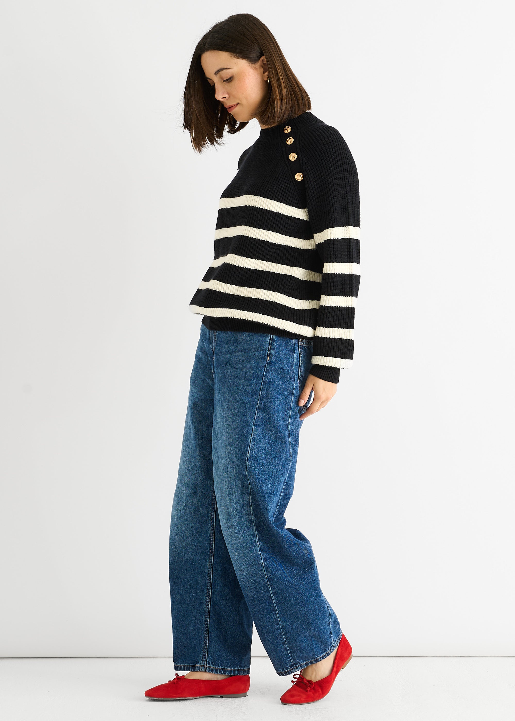 Black Stripe Cable Knit Button Oversized Jumper