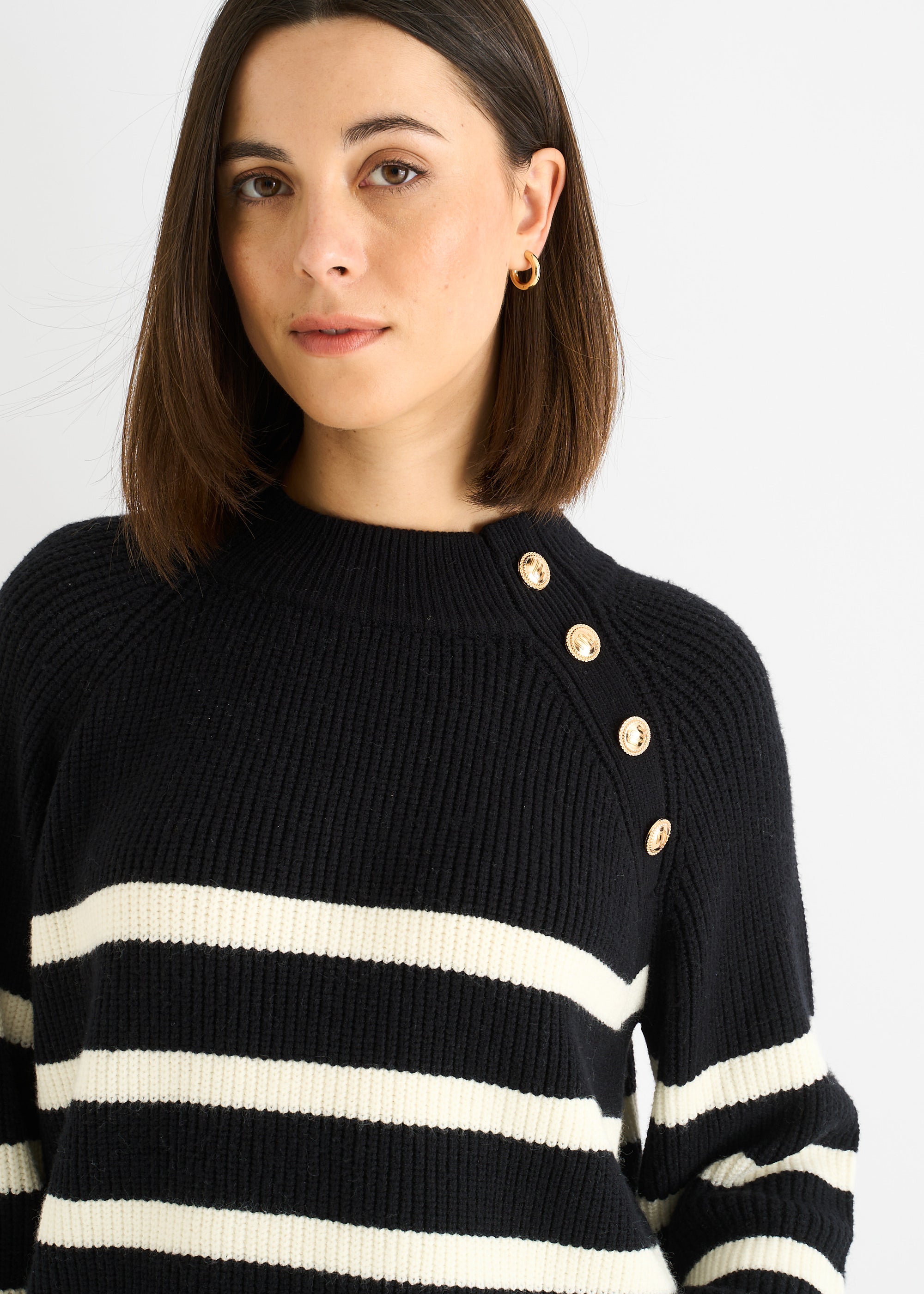 Black Stripe Cable Knit Button Oversized Jumper