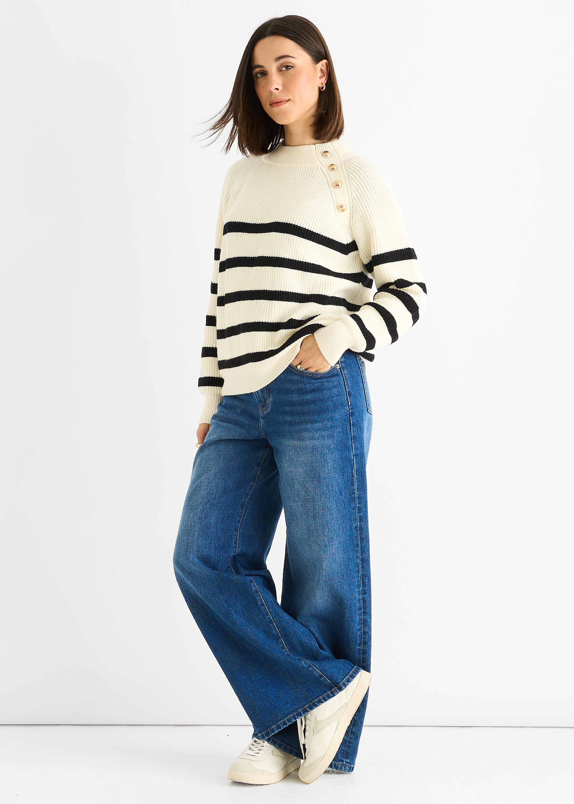 Cream Stripe Cable Knit Button Oversized Jumper