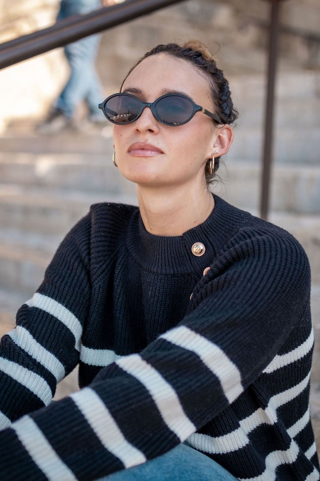Black Stripe Cable Knit Button Oversized Jumper