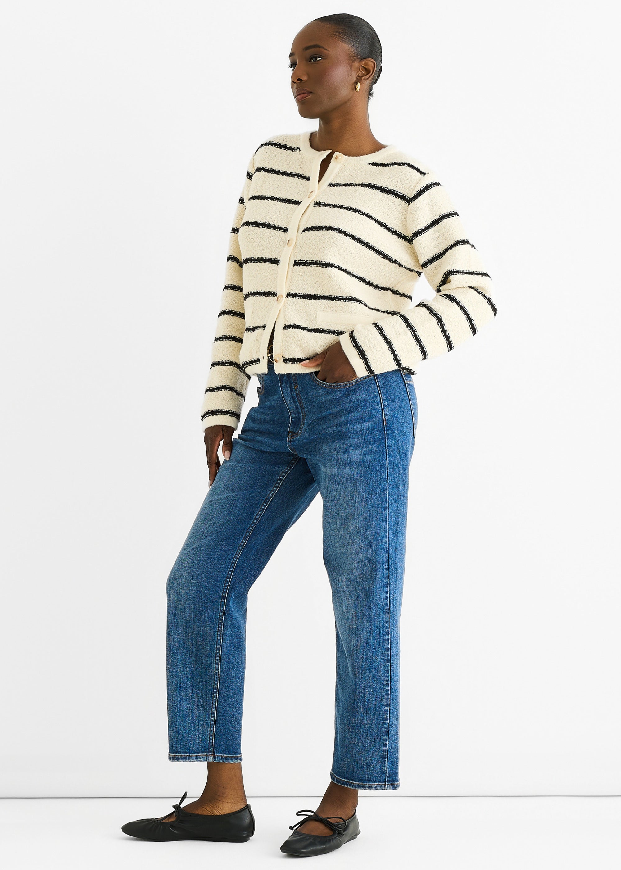 Cream Stripe Military Crop Recycle Knit Cardigan