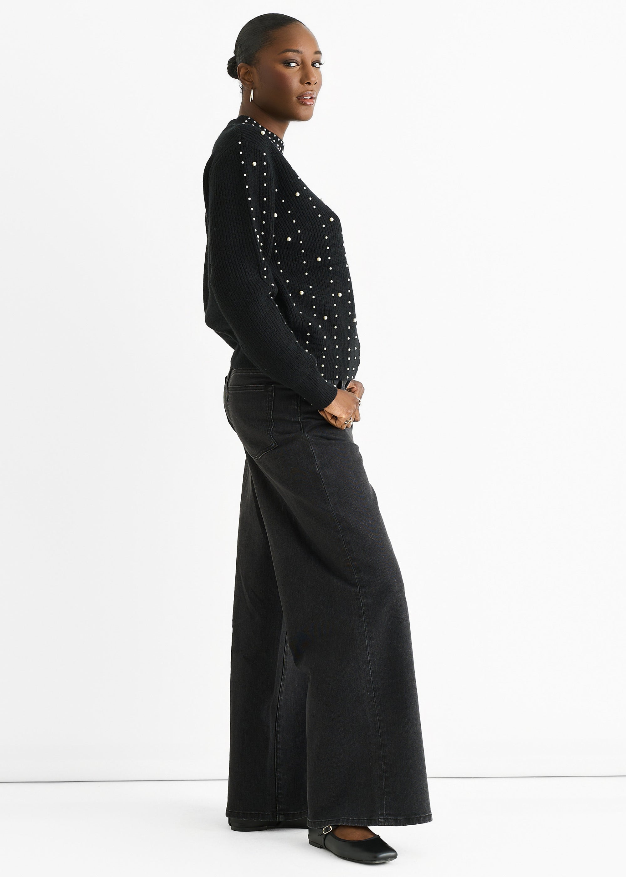 Black Pearl Studded High Neck Knit Jumper