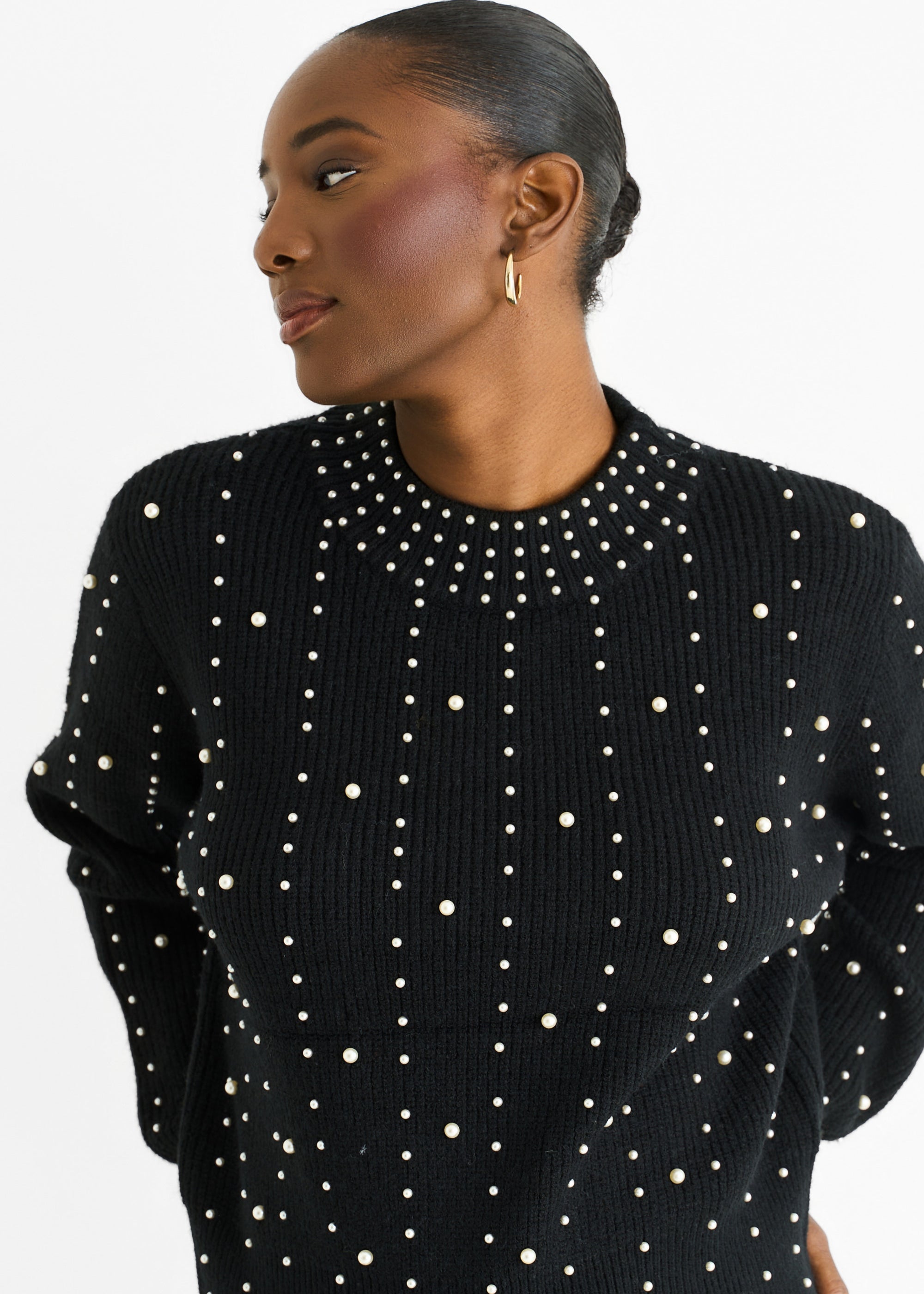 Black Pearl Studded High Neck Knit Jumper