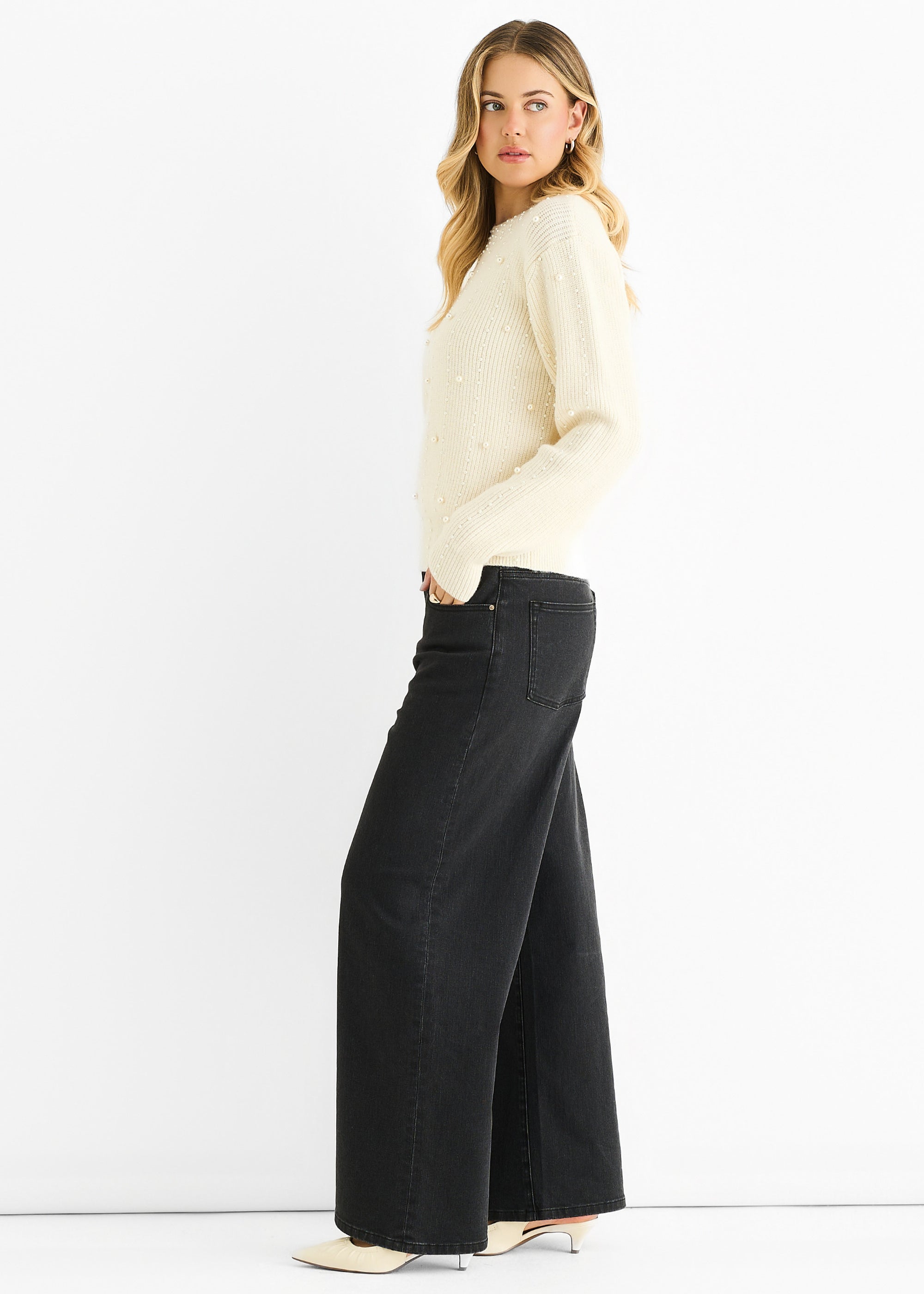 Cream Pearl Studded High Neck Knit Jumper