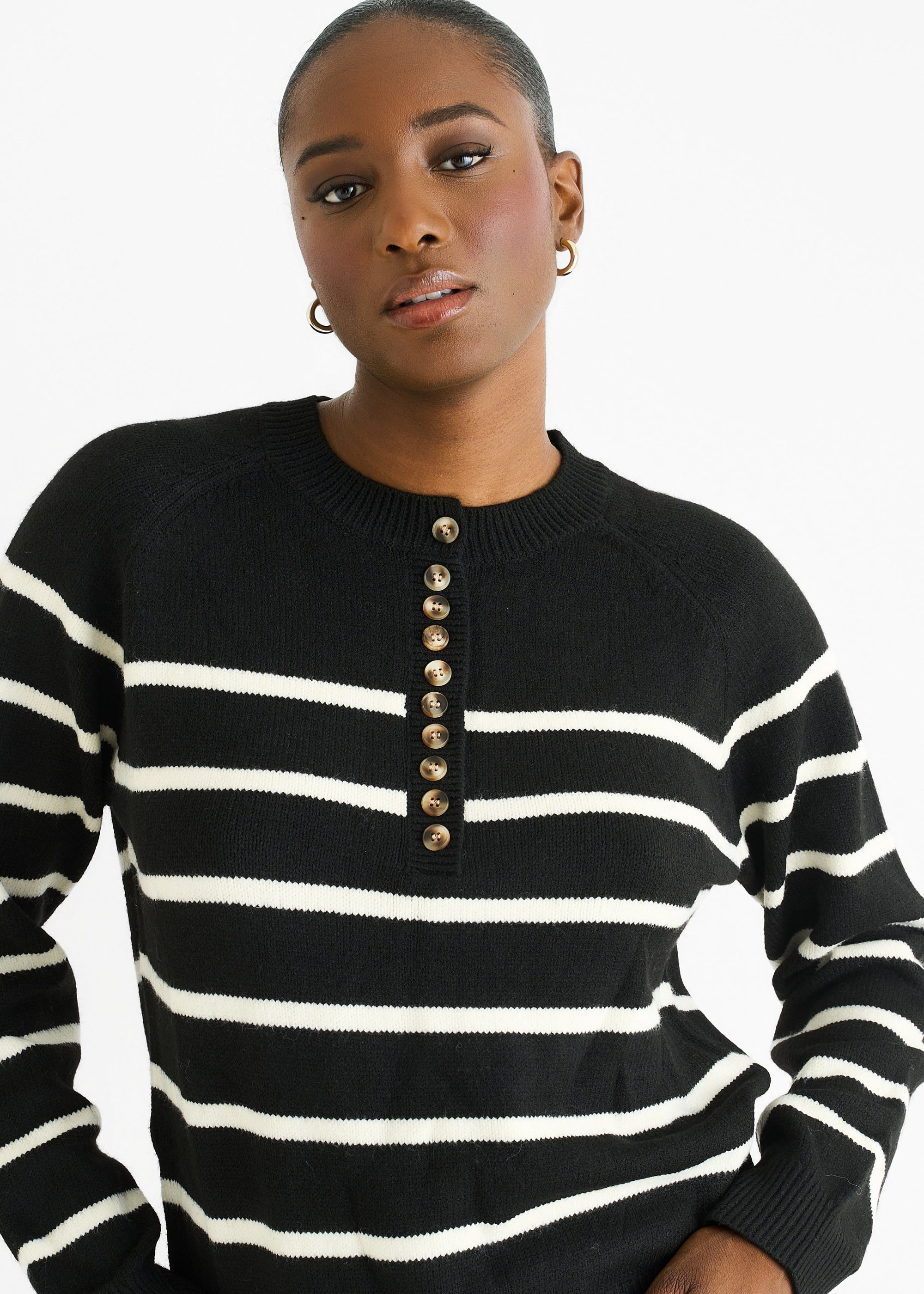 Black Recycle Stripe Button Up Loose Fit Knit Jumper