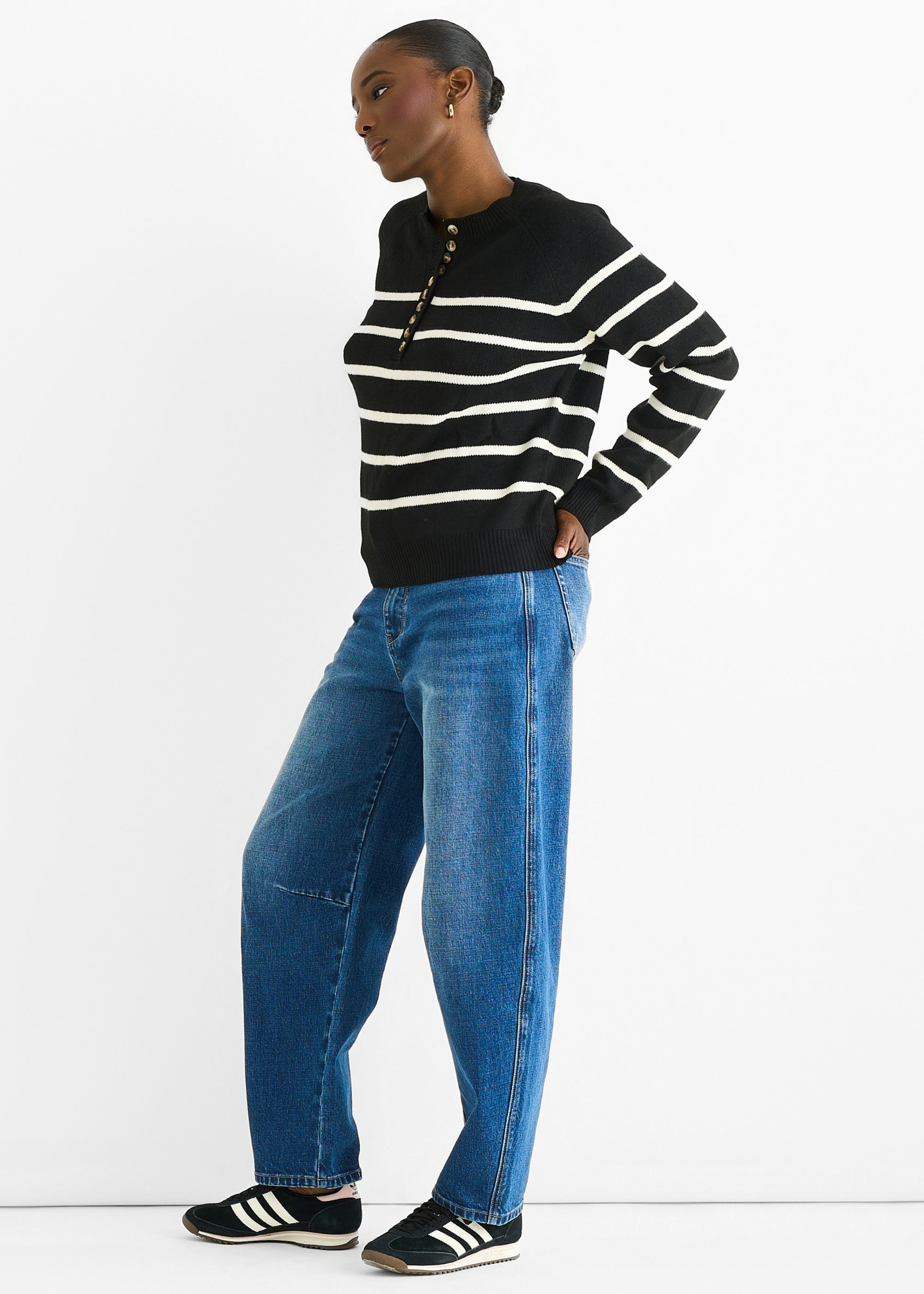 Black Recycle Stripe Button Up Loose Fit Knit Jumper
