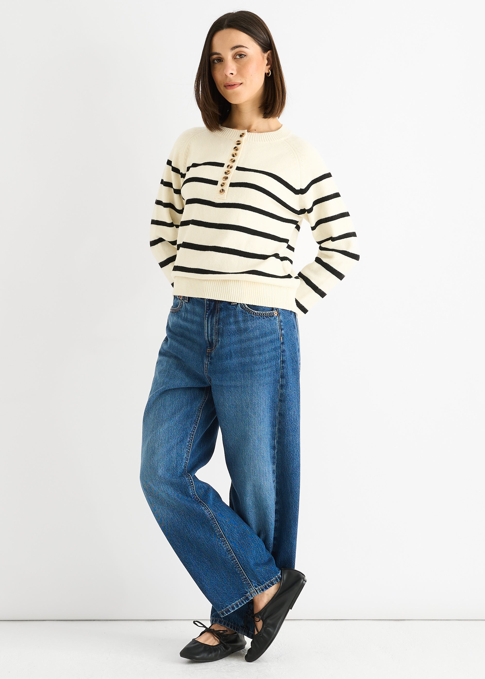 Cream Recycle Stripe Button Up Loose Fit Knit Jumper