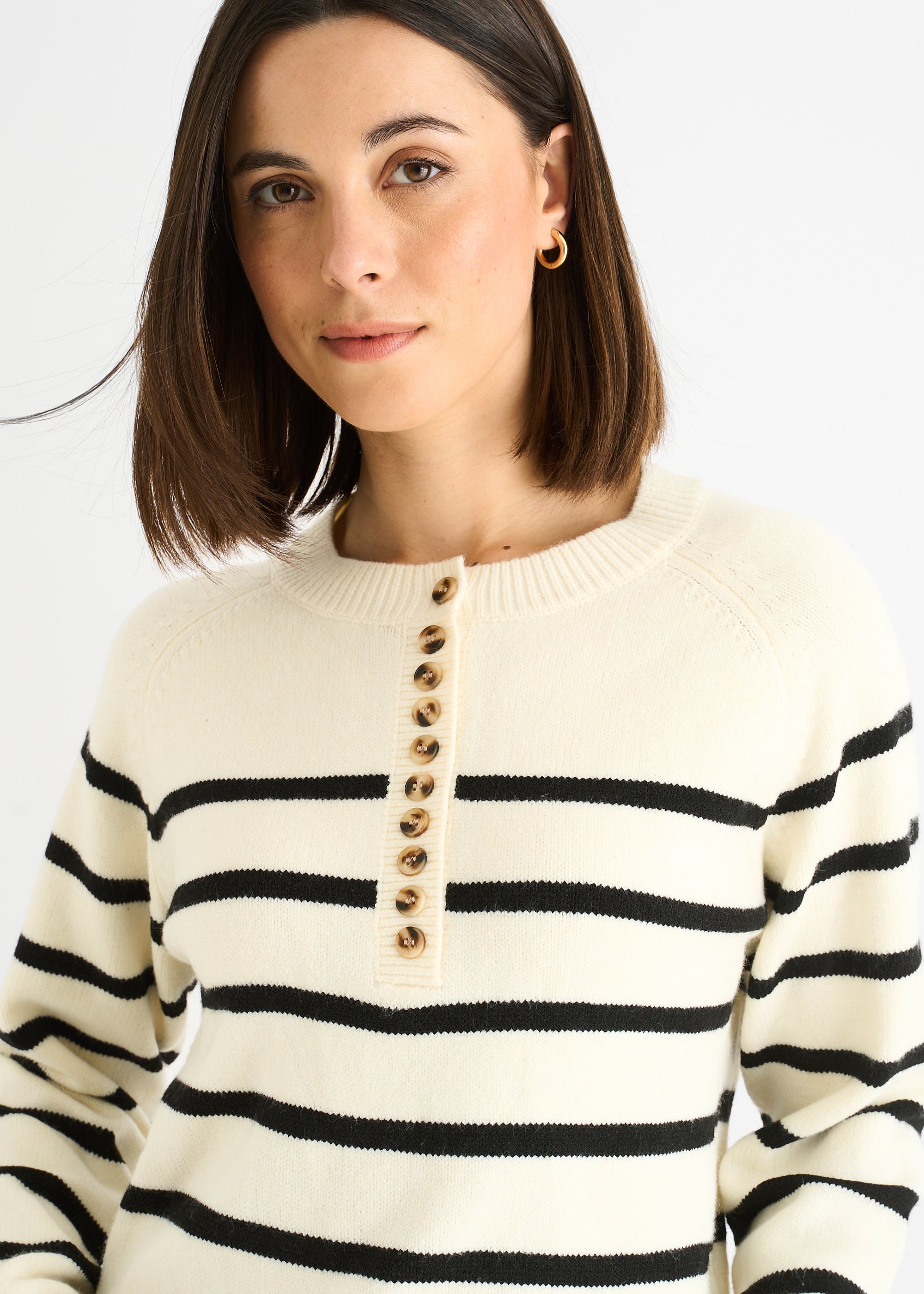 Cream Recycle Stripe Button Up Loose Fit Knit Jumper