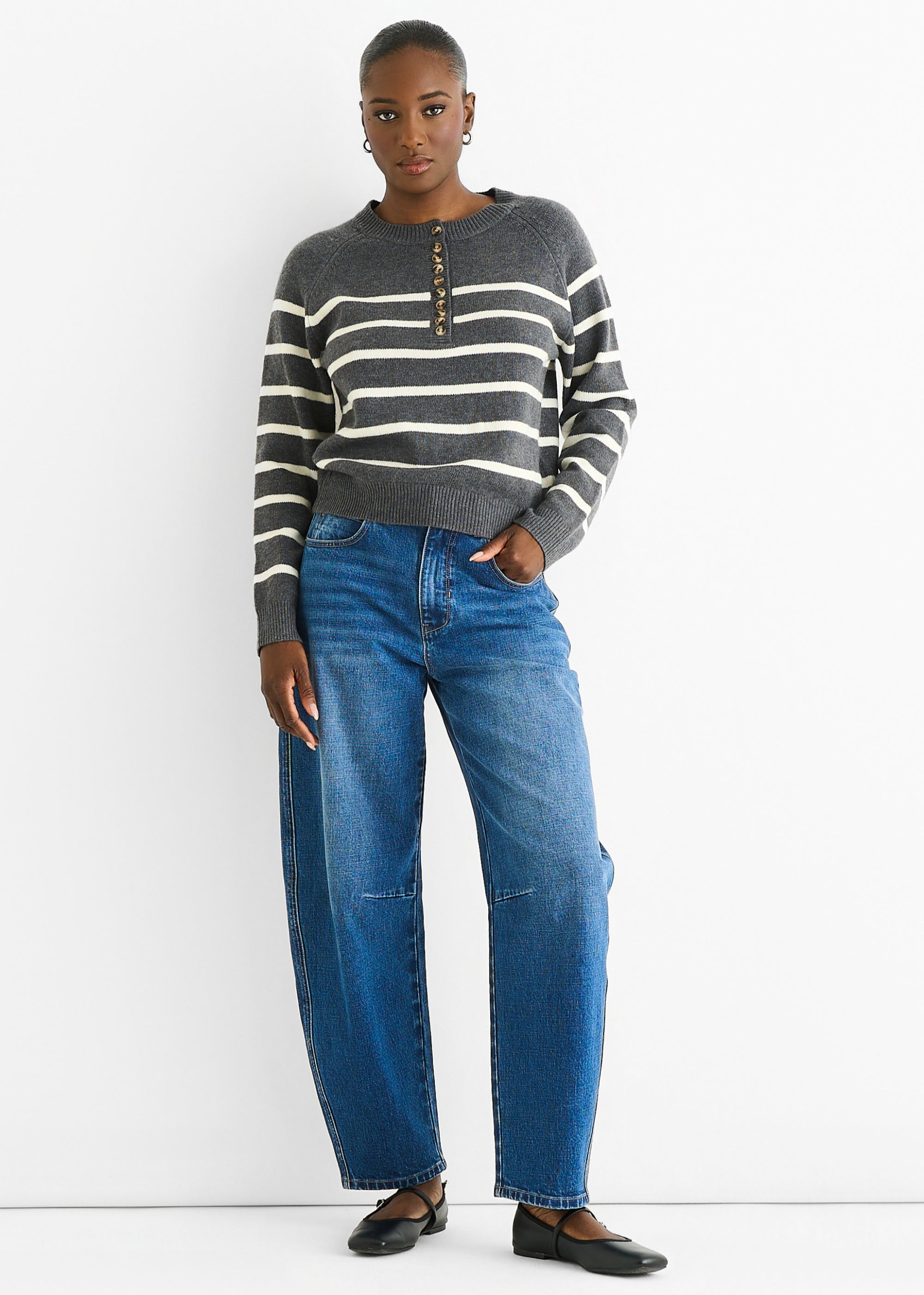 Grey Recycle Stripe Button Up Loose Fit Knit Jumper