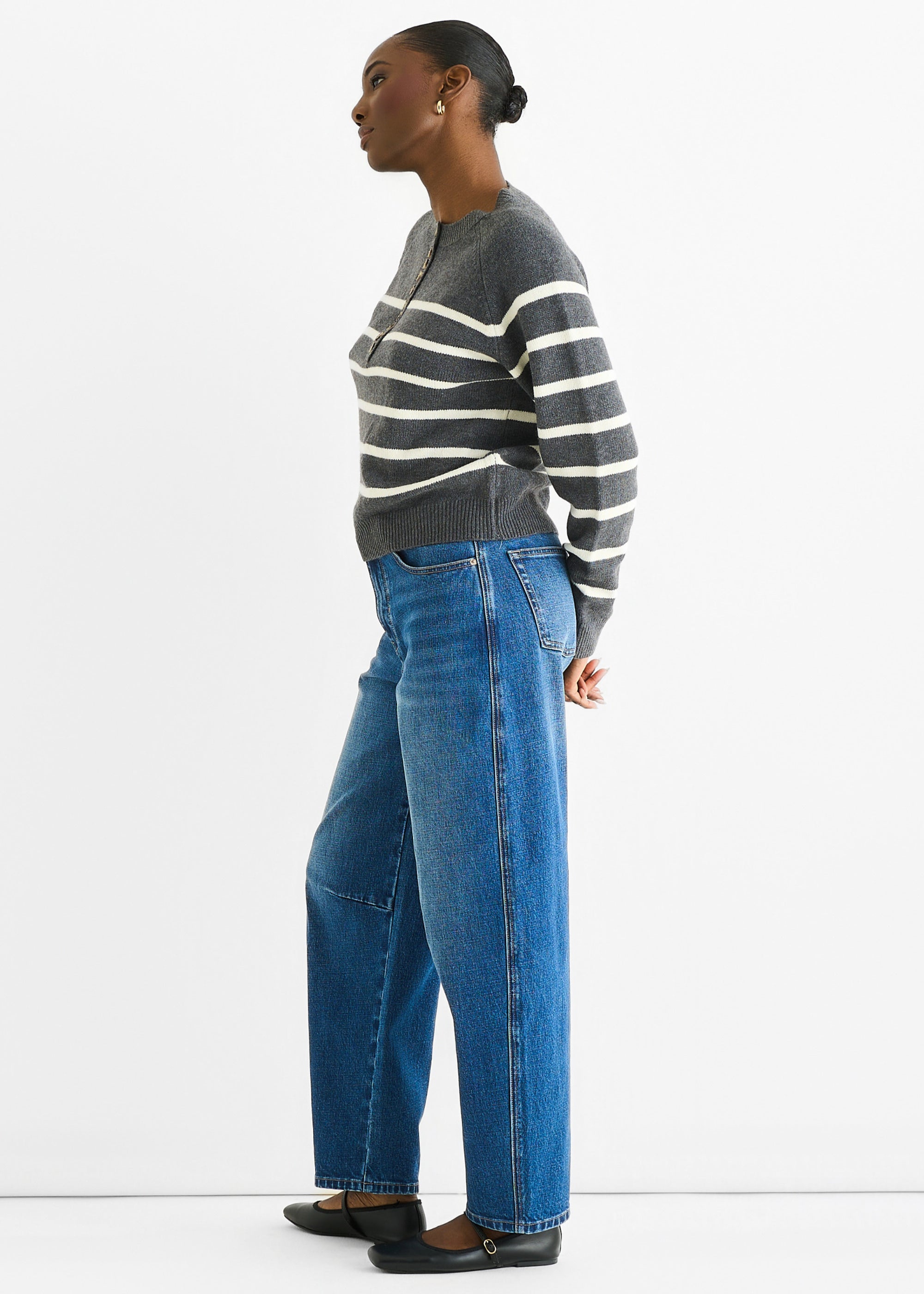 Grey Recycle Stripe Button Up Loose Fit Knit Jumper