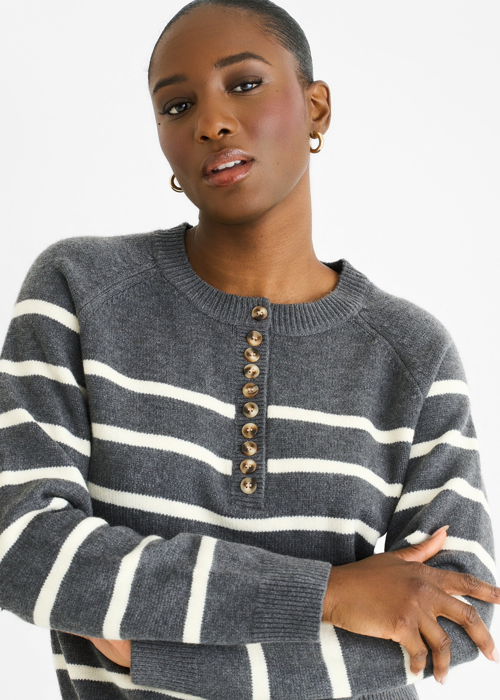 Grey Recycle Stripe Button Up Loose Fit Knit Jumper