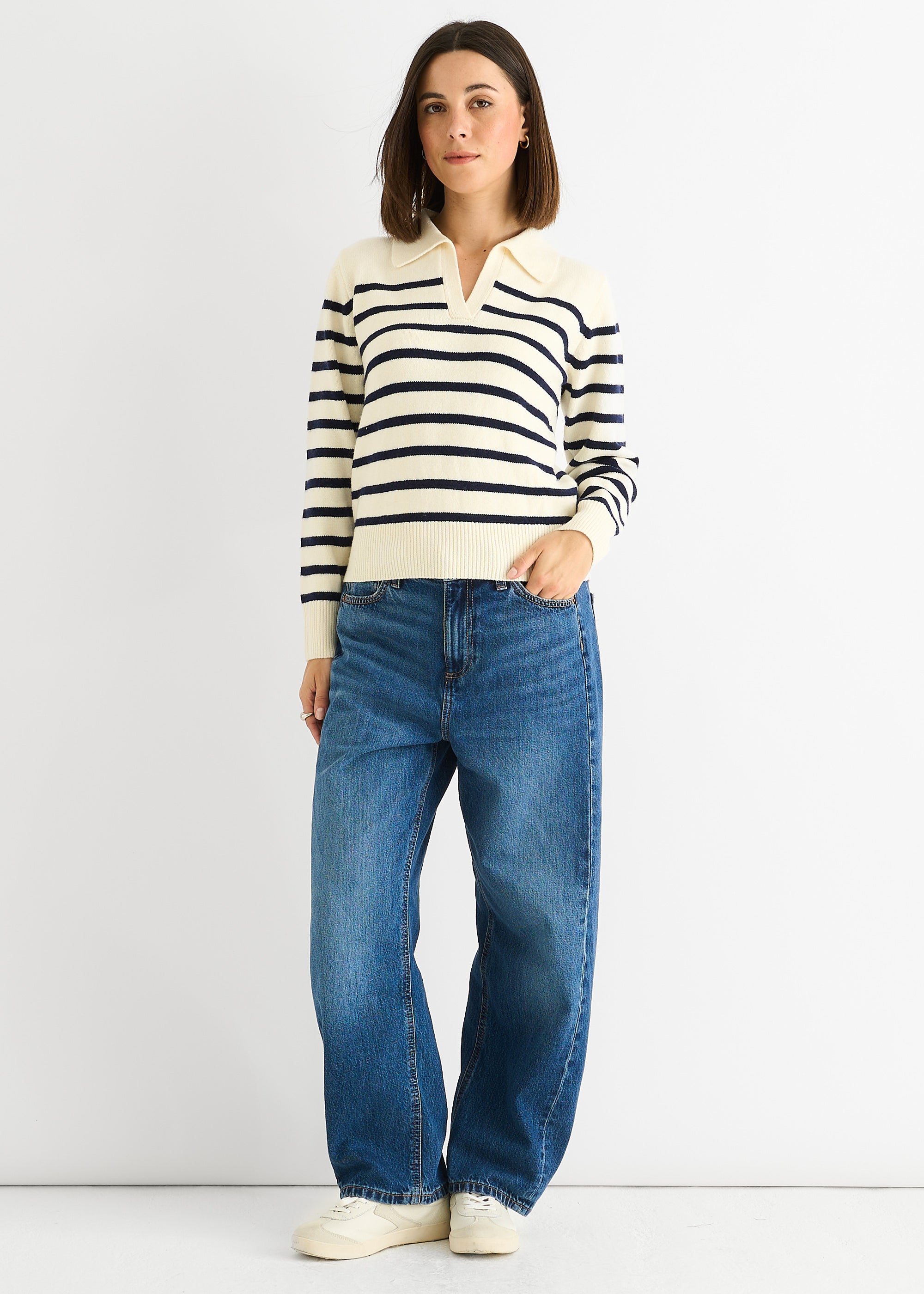 Cream Recycle Stripe V Neck Collar Knit Jumper
