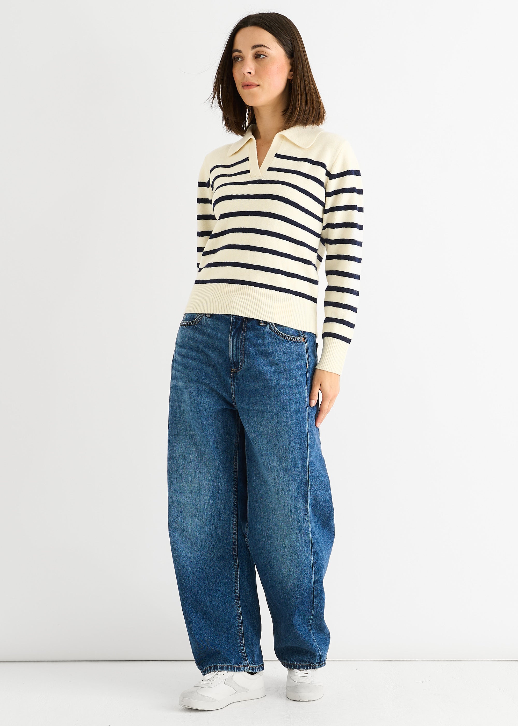 Cream Recycle Stripe V Neck Collar Knit Jumper