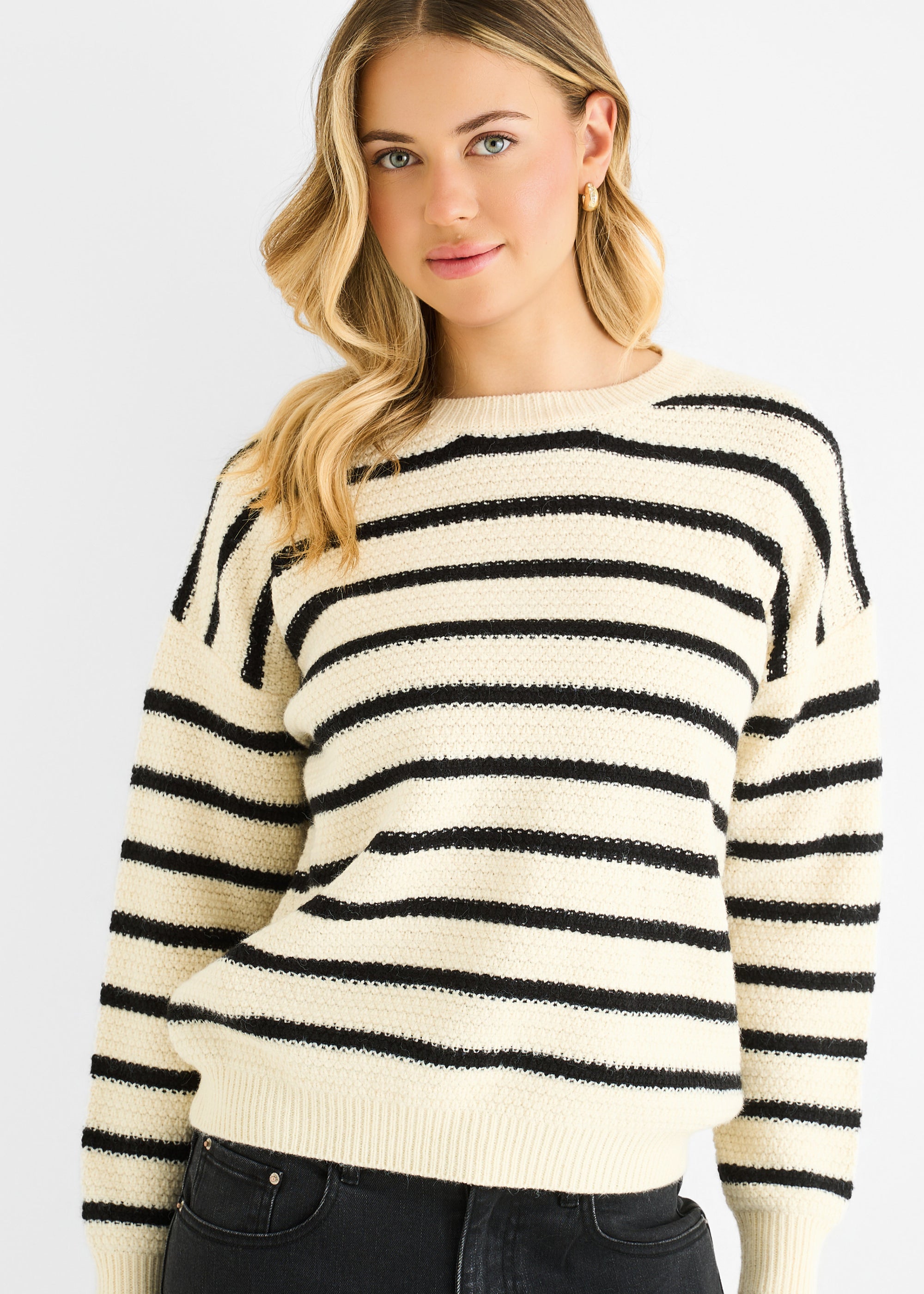 Beige Stripe Chunky Knit Oversized Jumper
