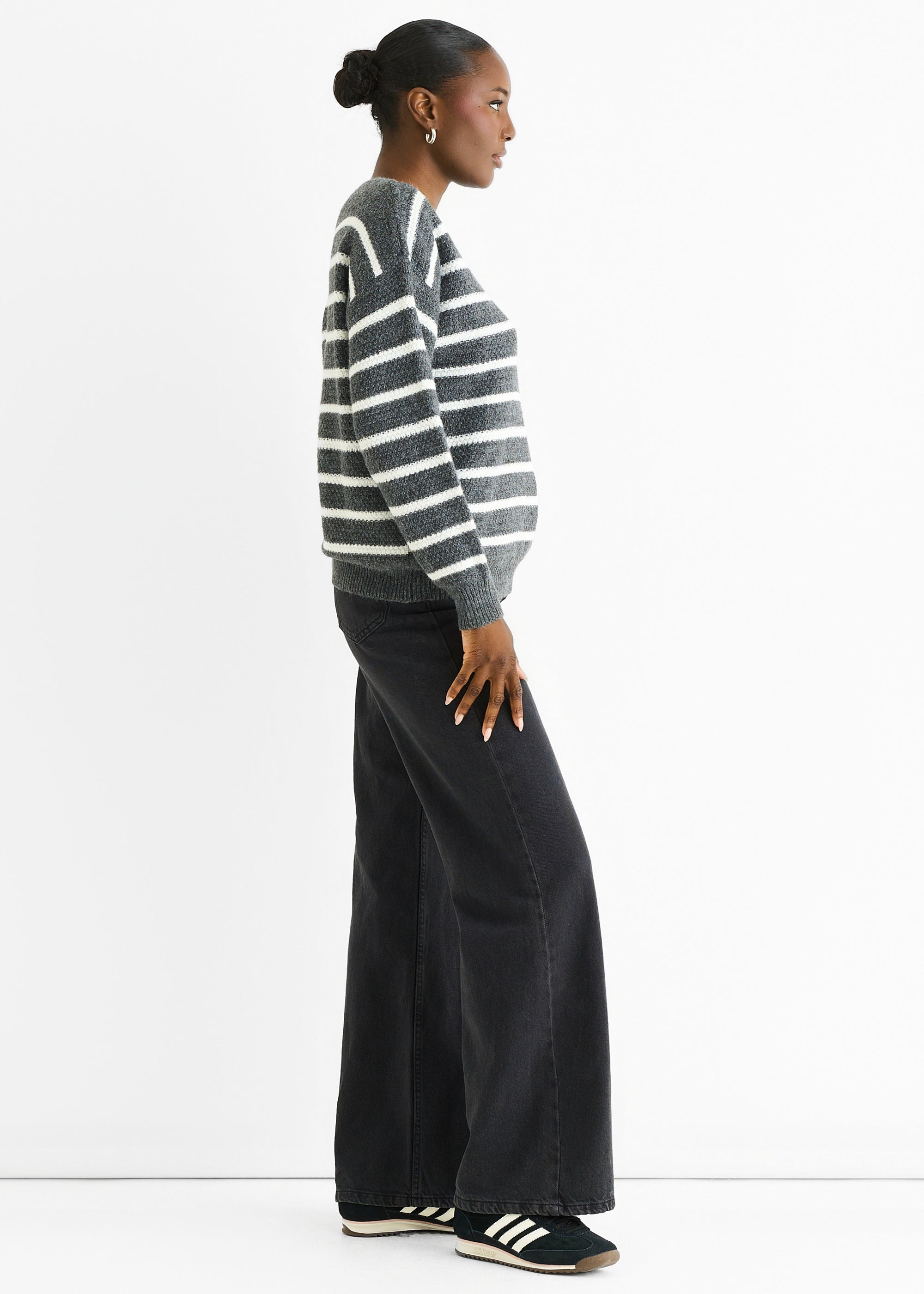 Grey Stripe Chunky Knit Oversized Jumper