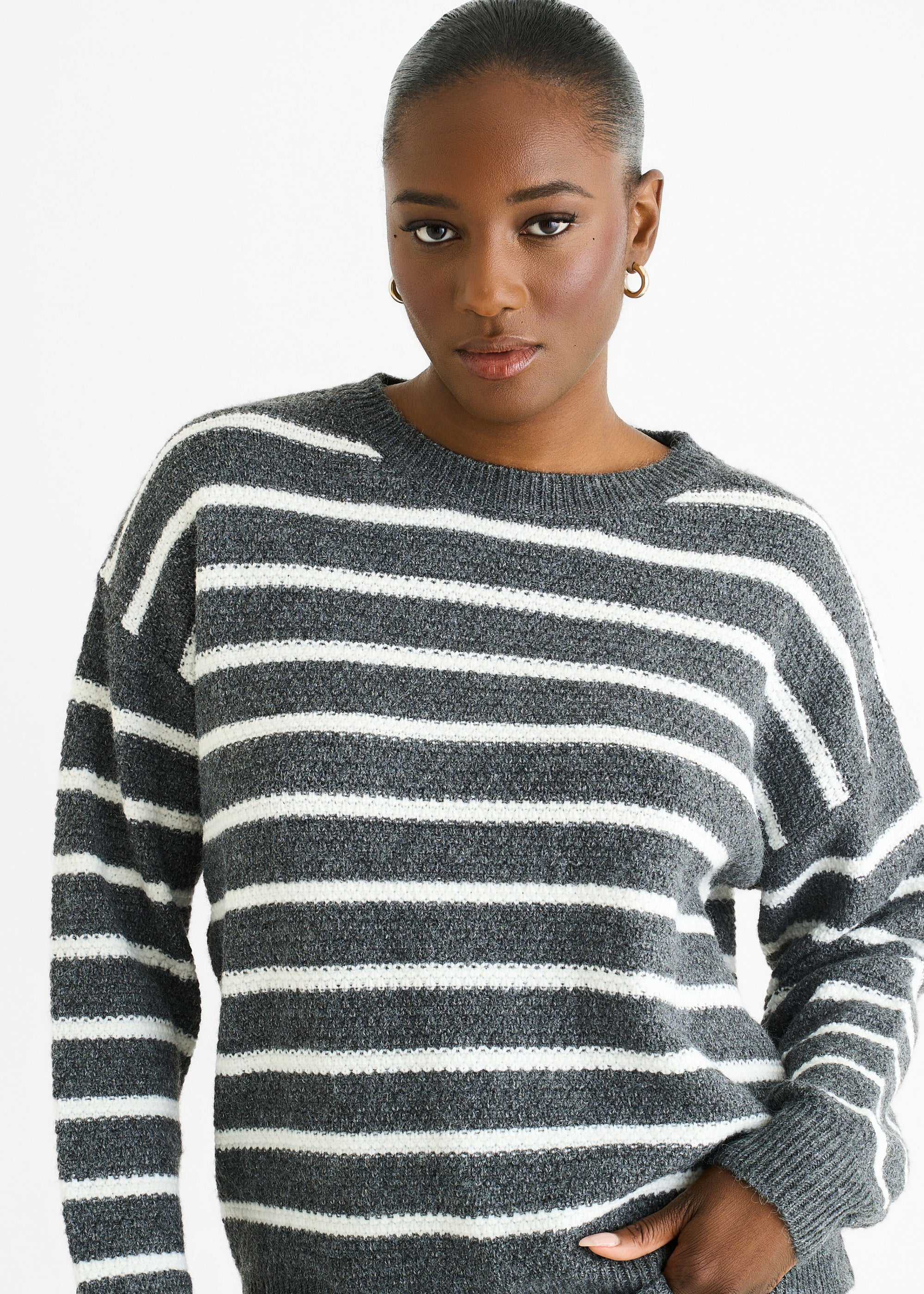 Grey Stripe Chunky Knit Oversized Jumper