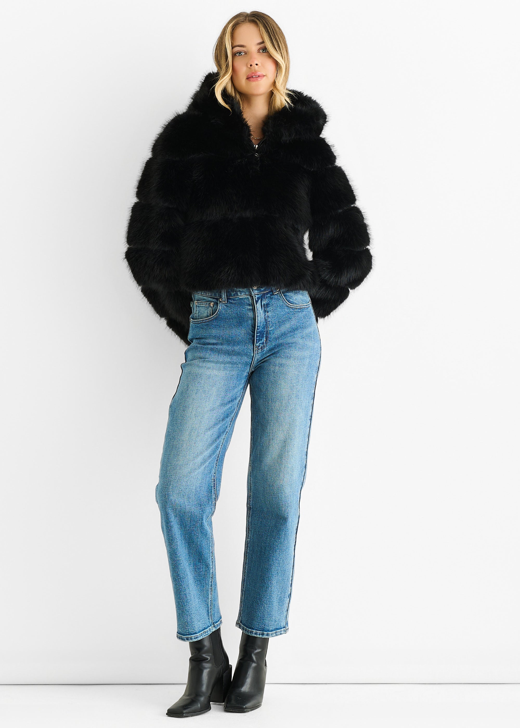 Black Panel Faux Fur  Zip Front Jacket