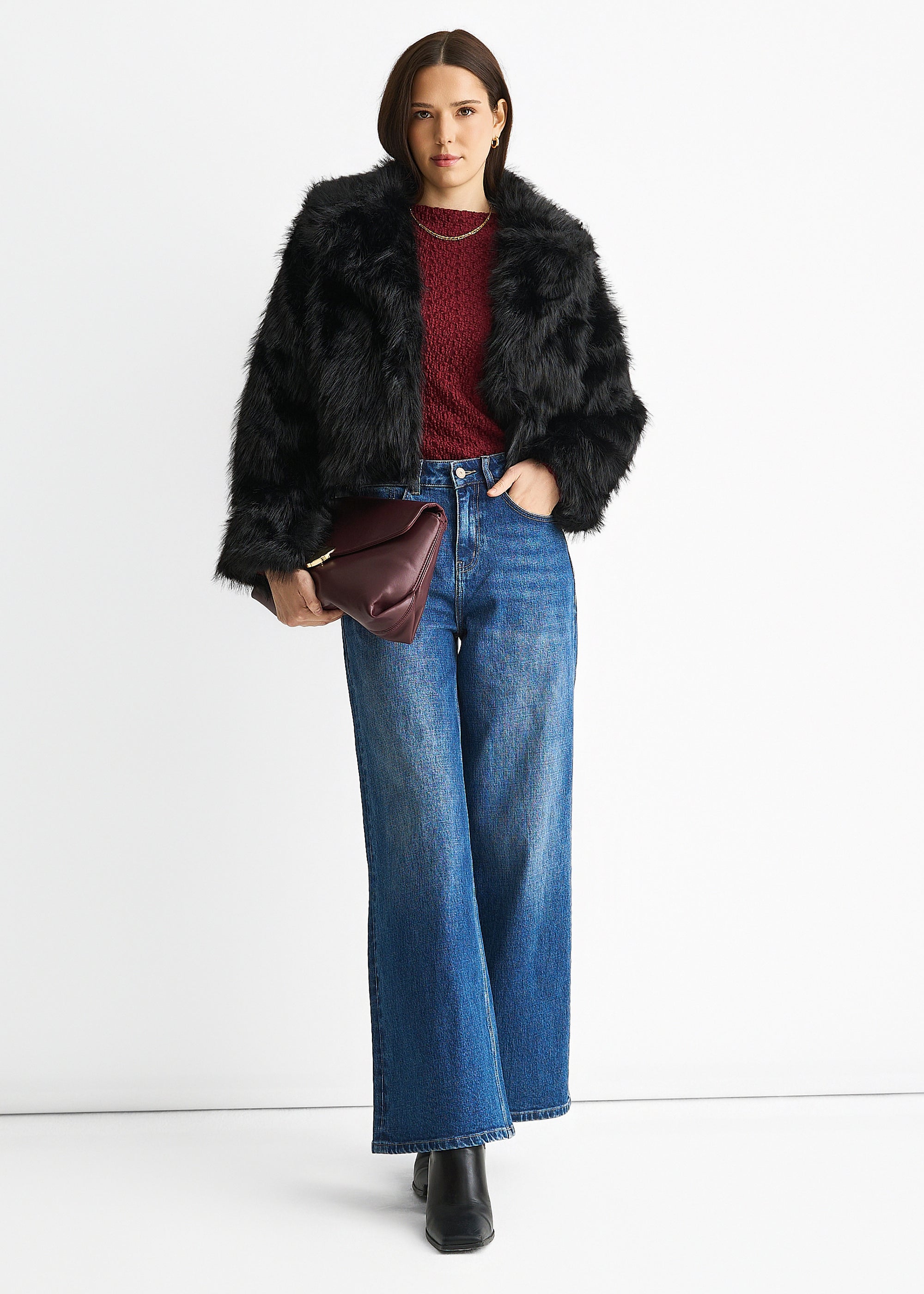 Black Faux fur lapel Short jacket