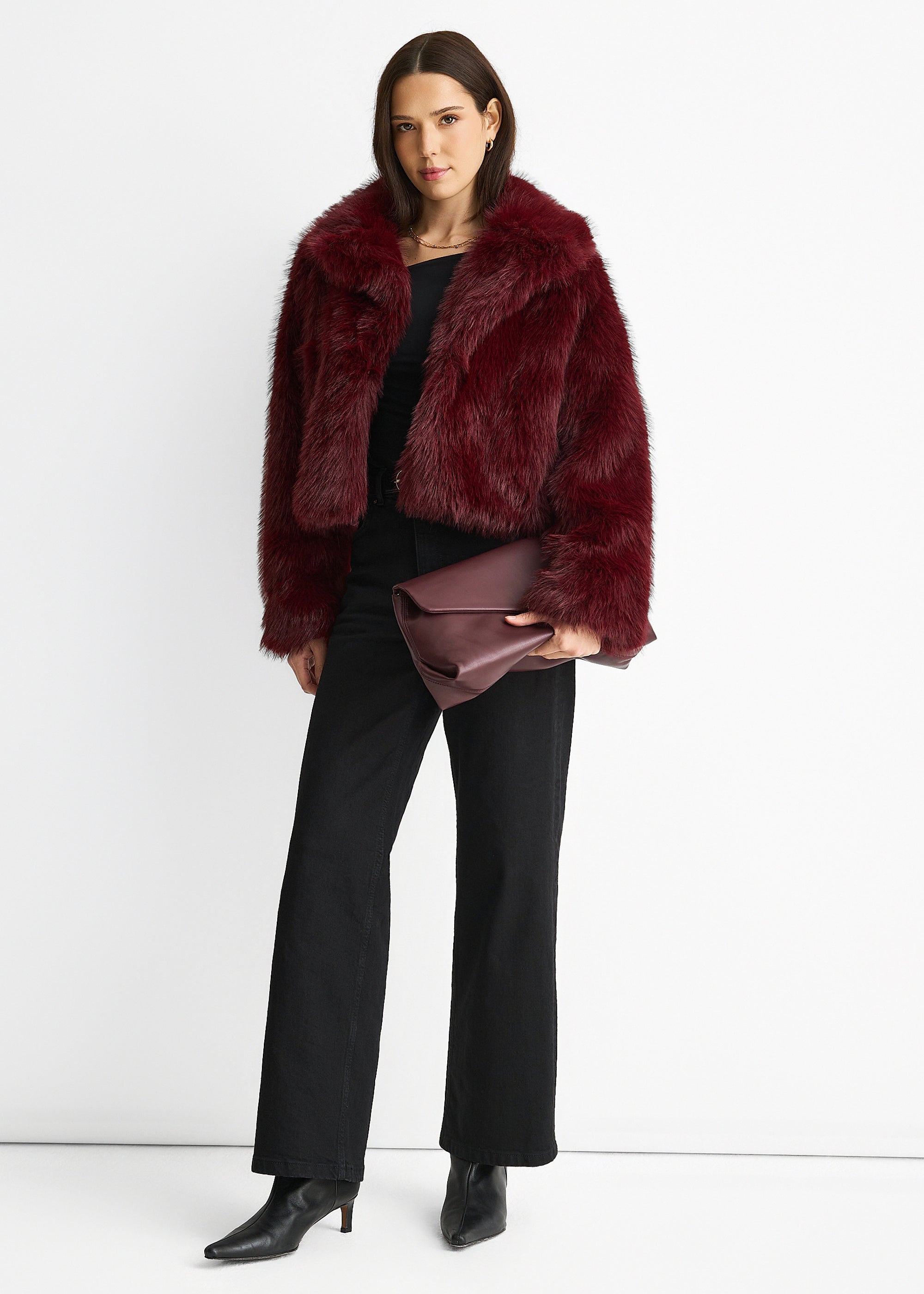 Burgundy Faux fur lapel Short jacket