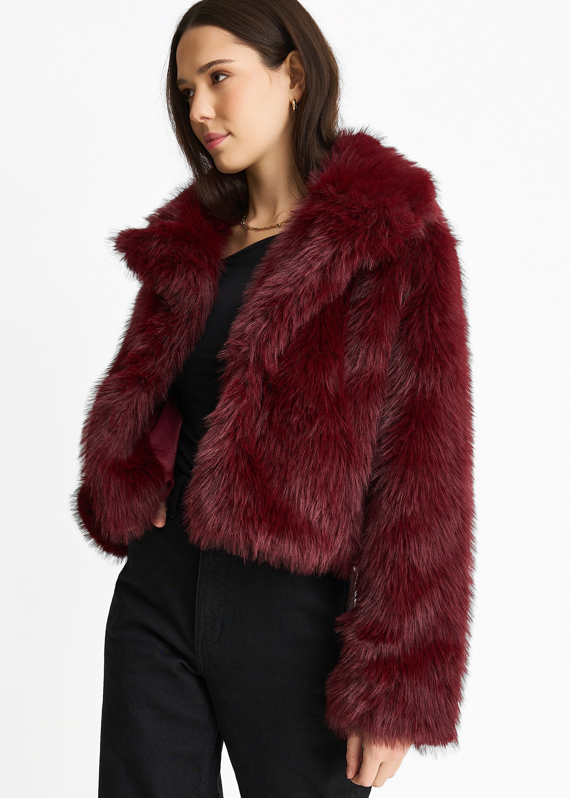 Burgundy Faux fur lapel Short jacket