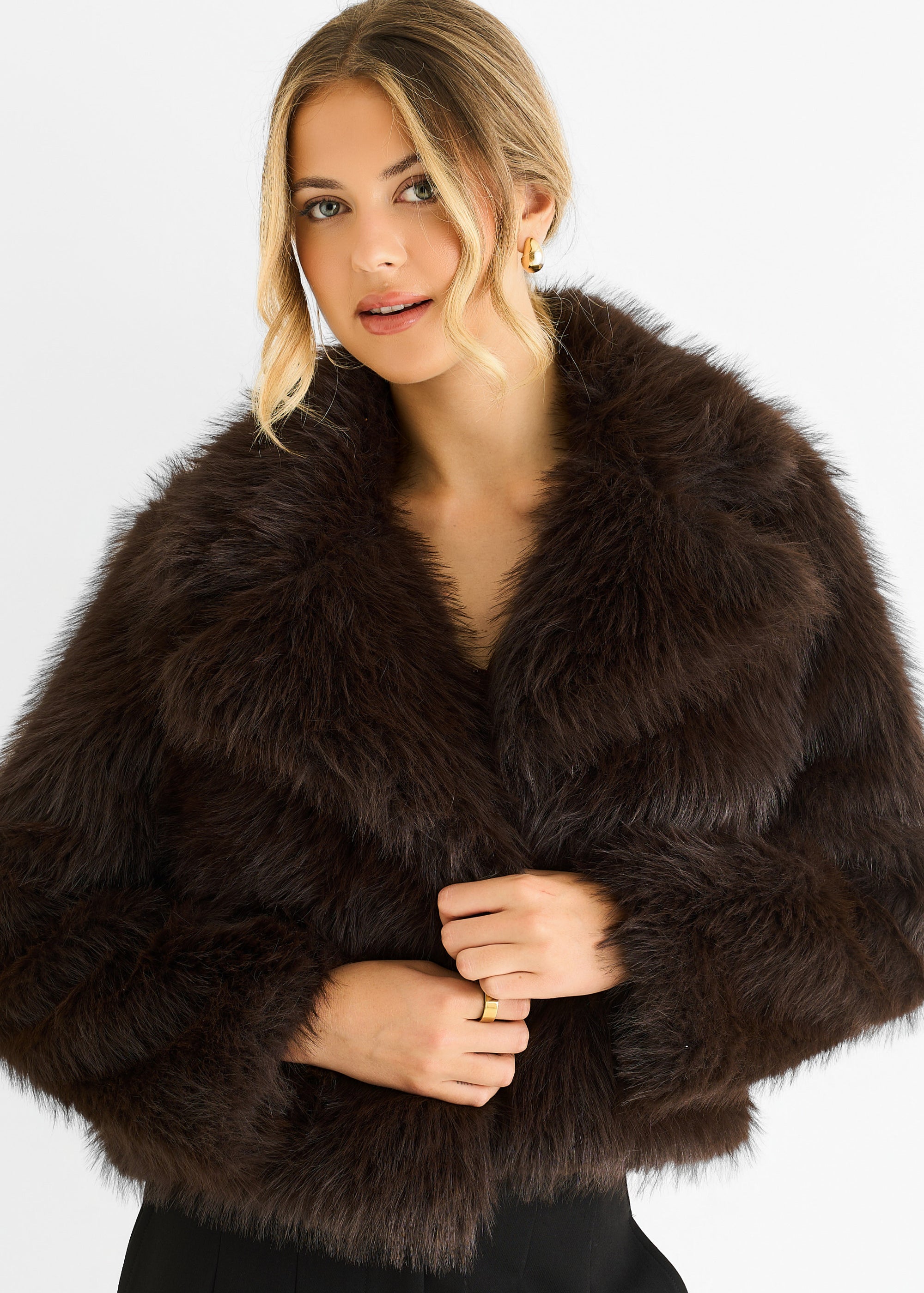 Chocolate Faux fur lapel Short jacket