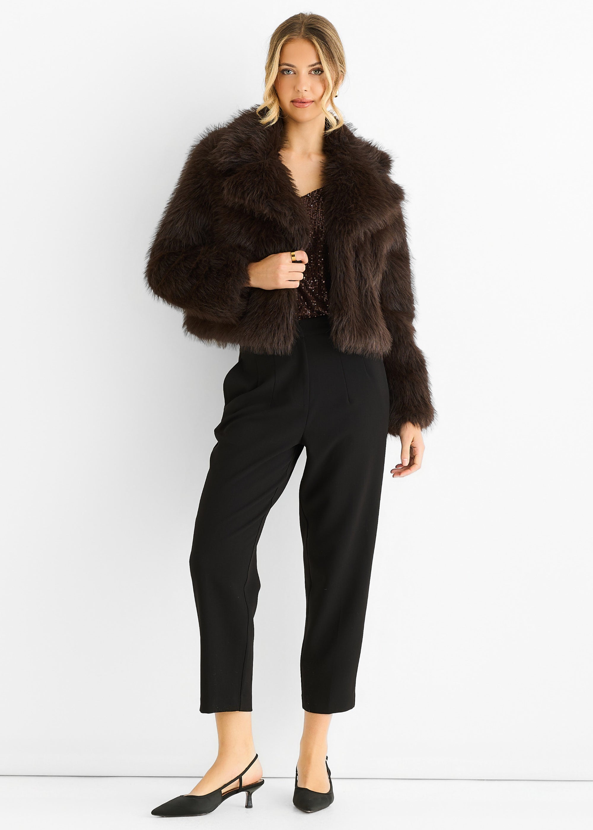 Chocolate Faux fur lapel Short jacket