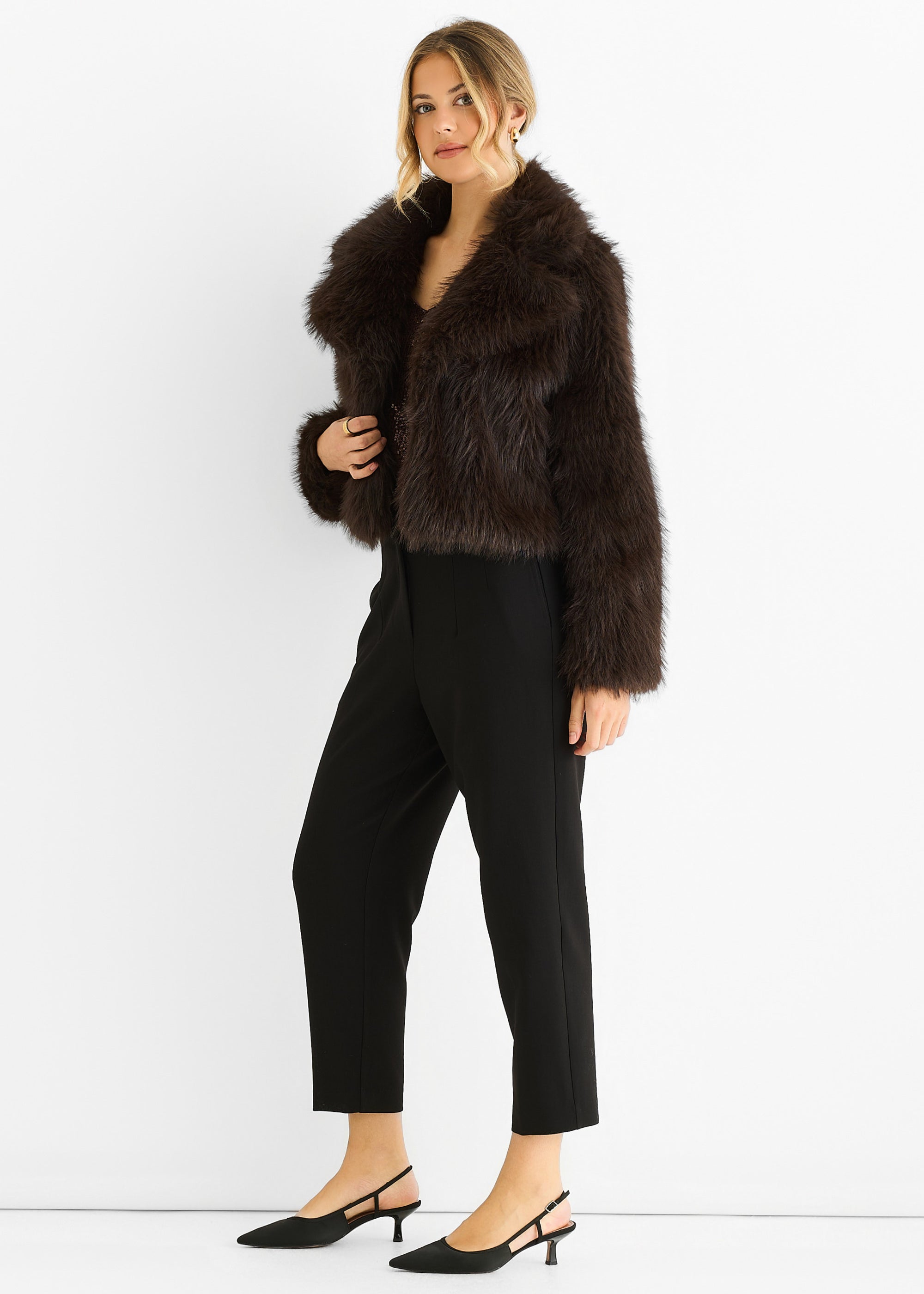 Chocolate Faux fur lapel Short jacket