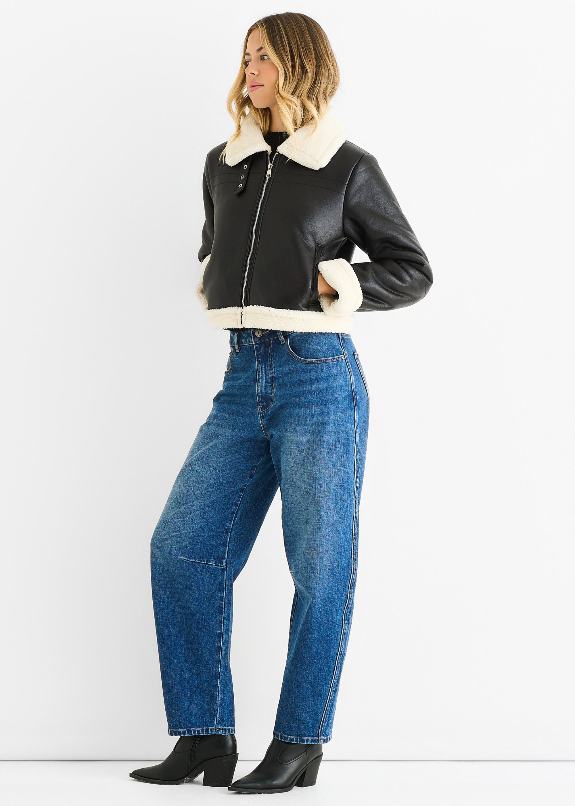 Black Faux Leather Shearling Fur Aviator Jacket