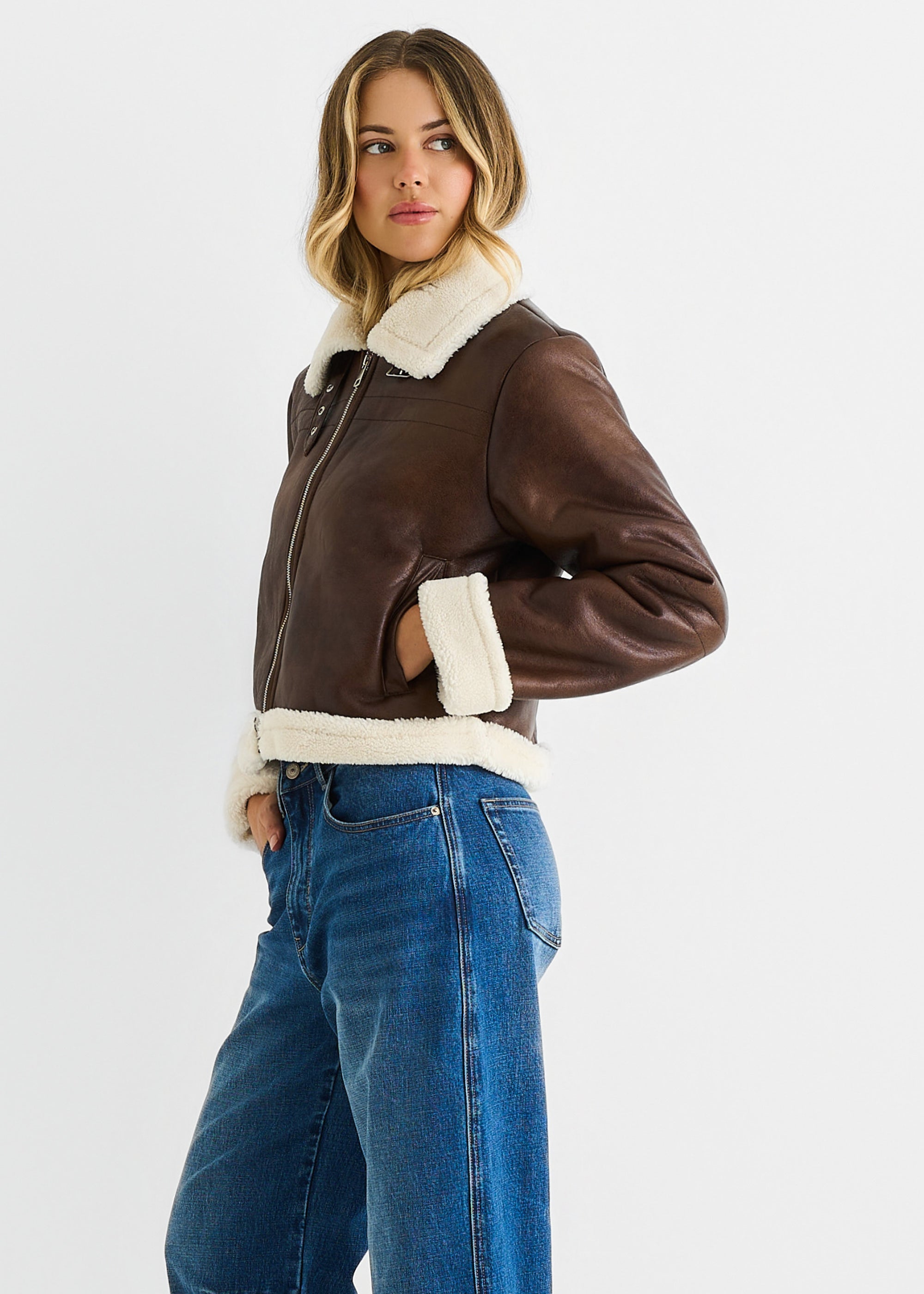 Brown Faux Leather Shearling Fur Aviator Jacket