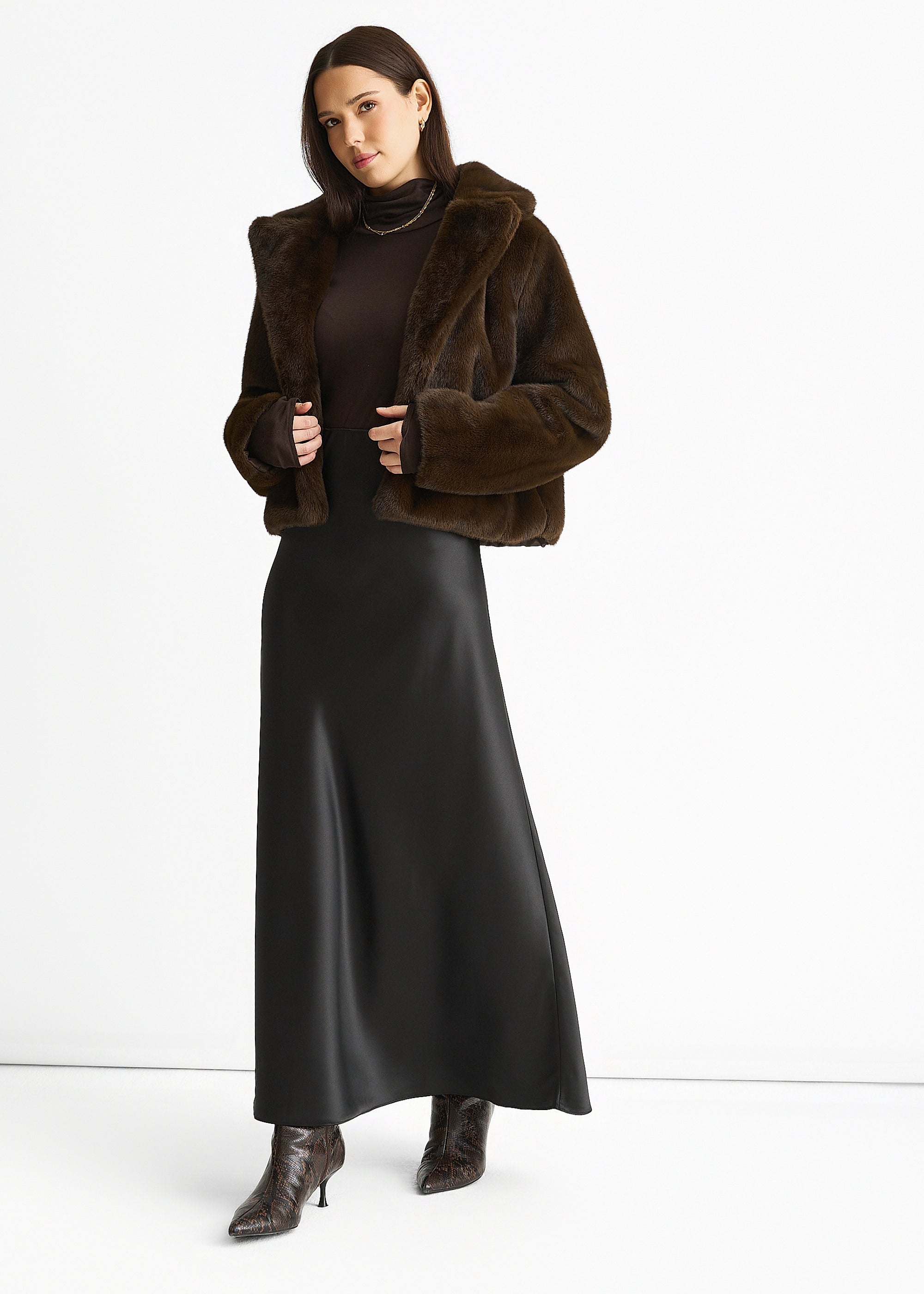 Coffee Crushed Look Faux Fur Cropped Jacket