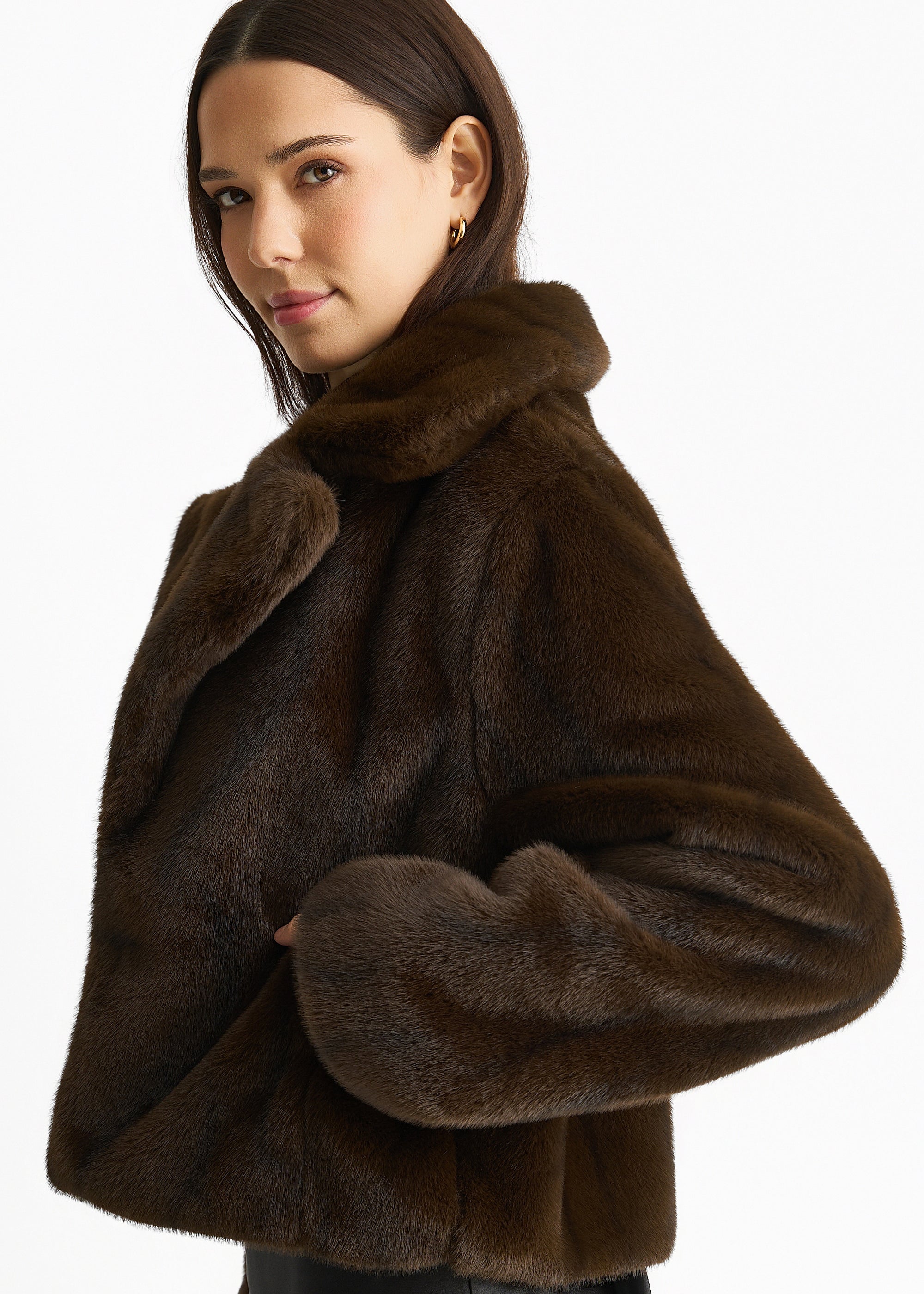 Coffee Crushed Look Faux Fur Cropped Jacket