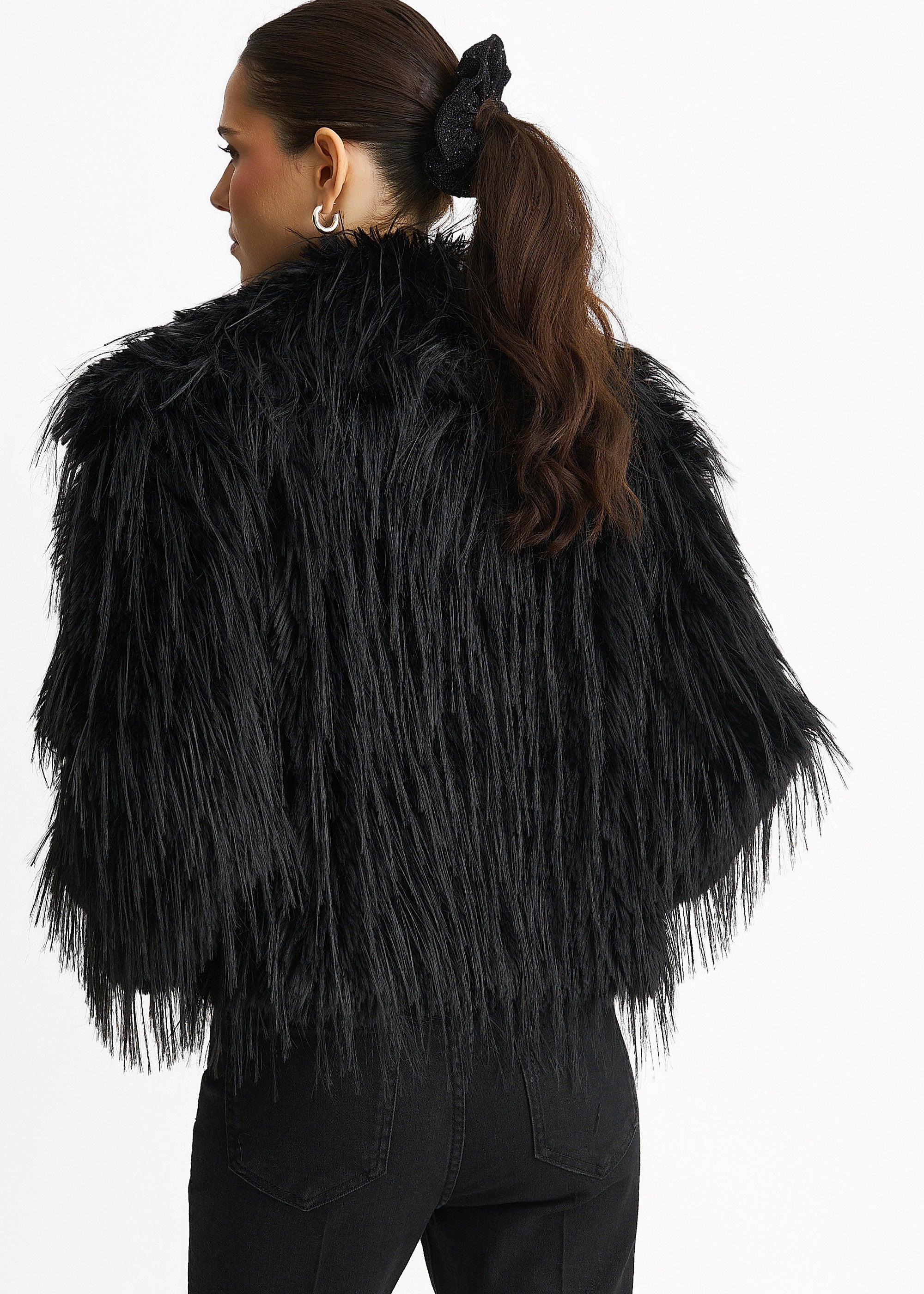 Black Plain Fringe Faux Fur Short Jacket