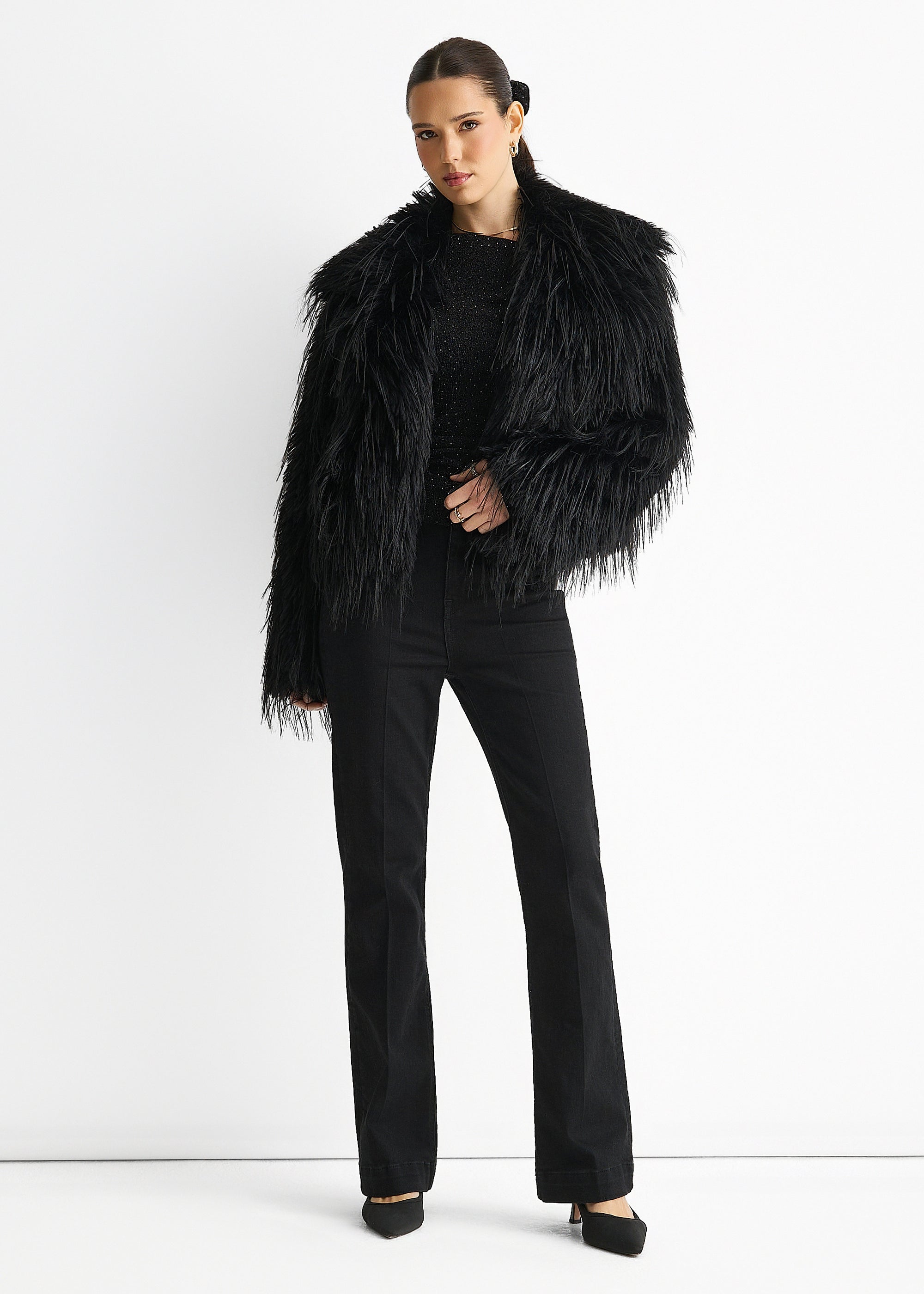 Black Plain Fringe Faux Fur Short Jacket