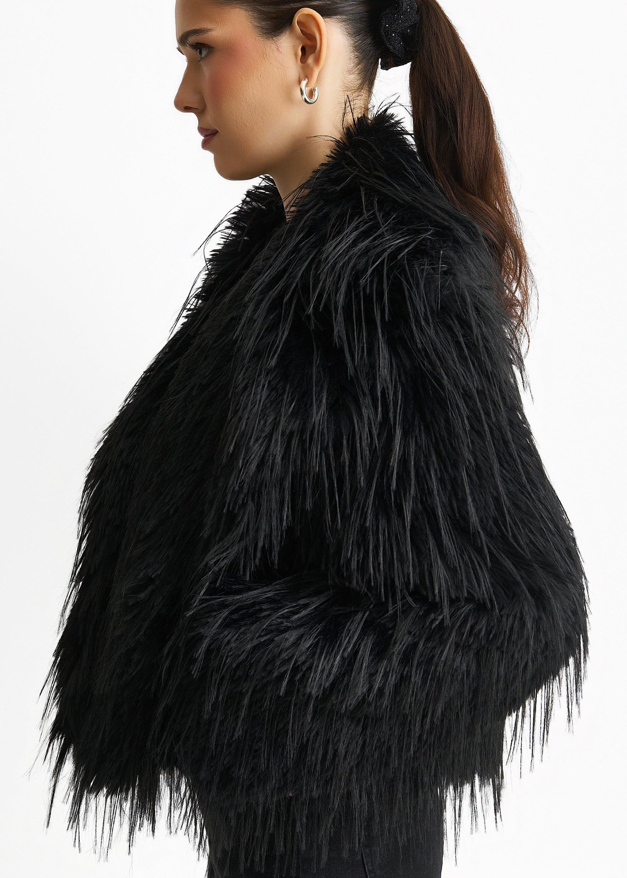 Black Plain Fringe Faux Fur Short Jacket