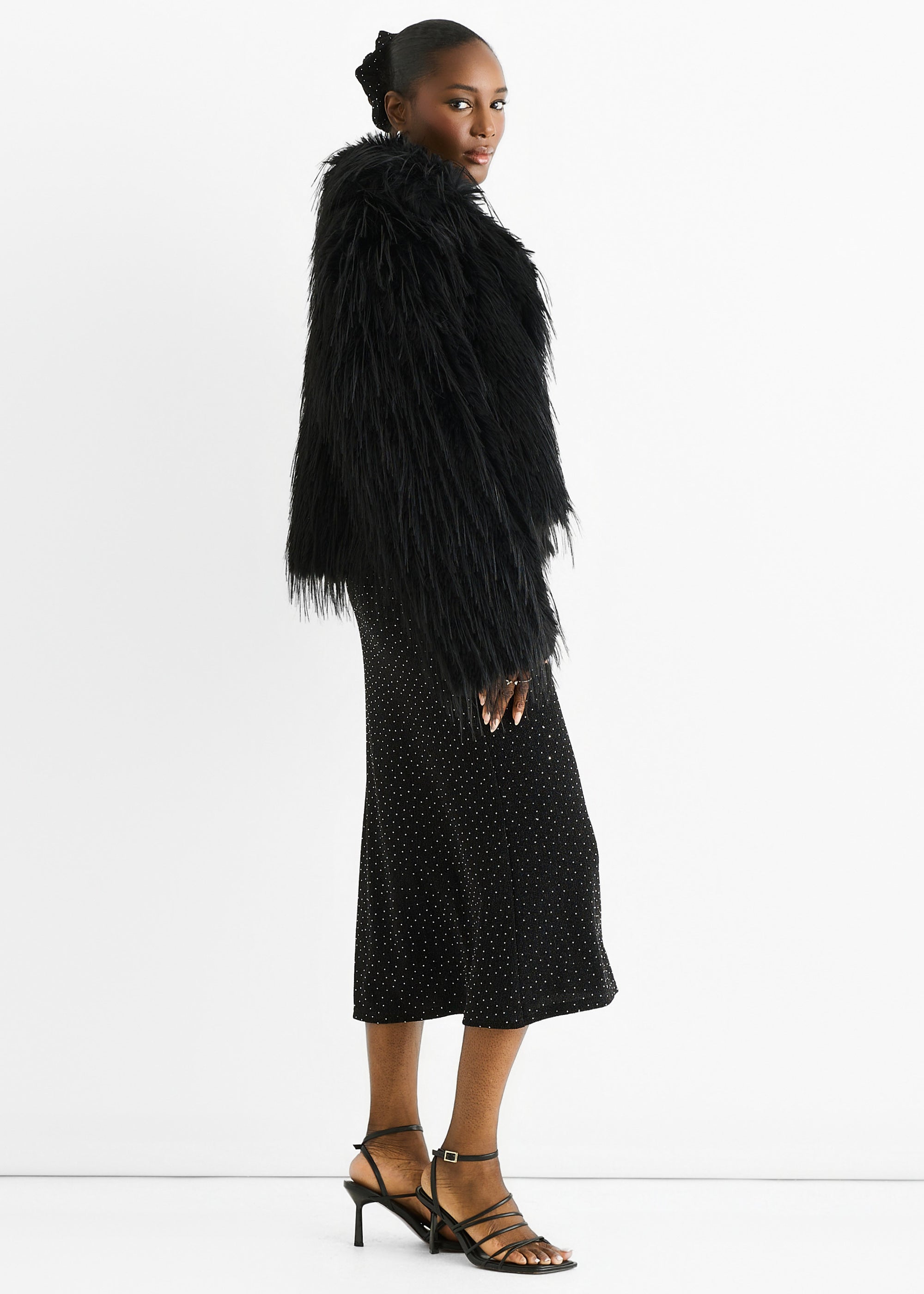 Black Plain Fringe Faux Fur Short Jacket