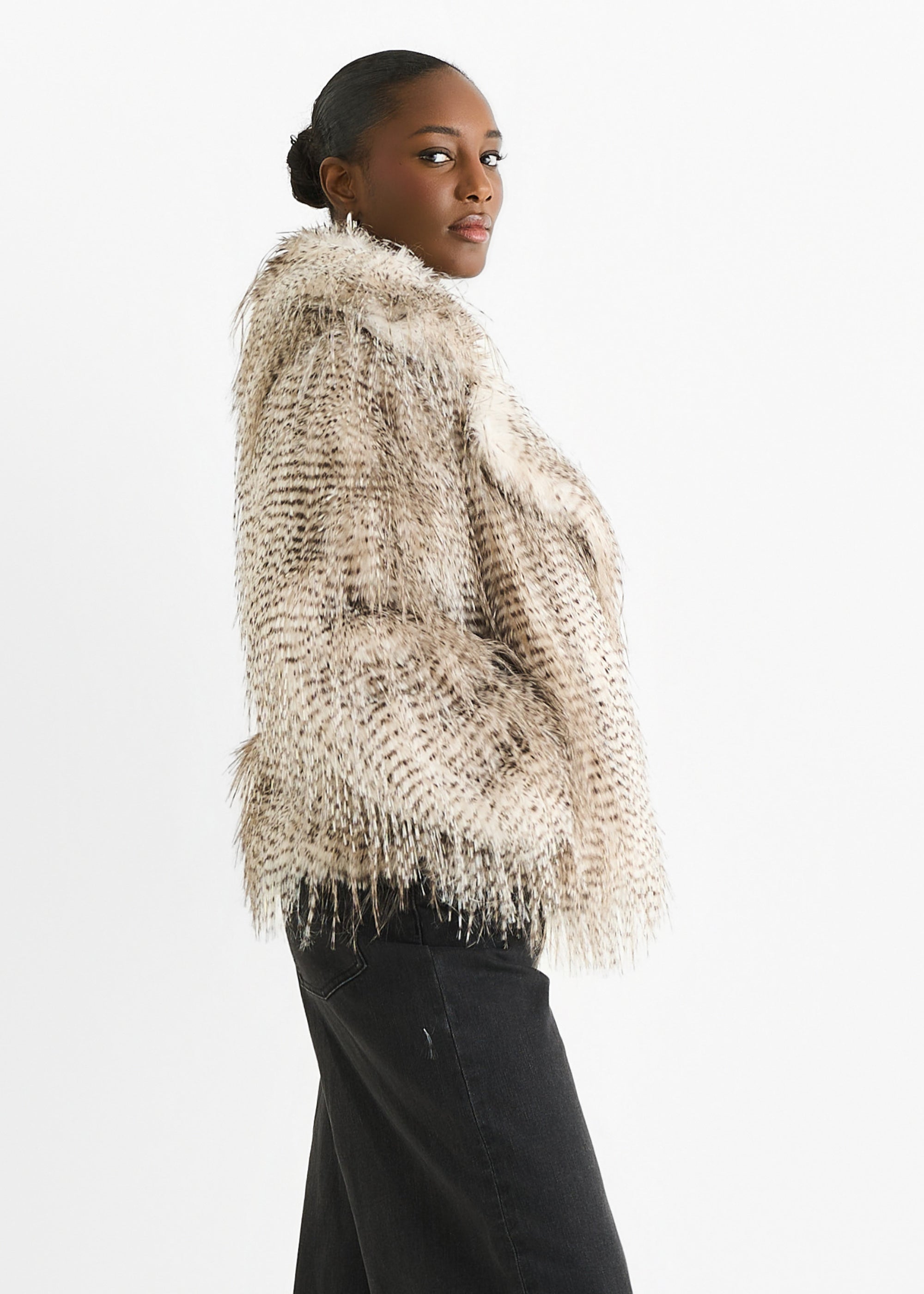 Brown Snow Leopard Faux Fur Short Jacket