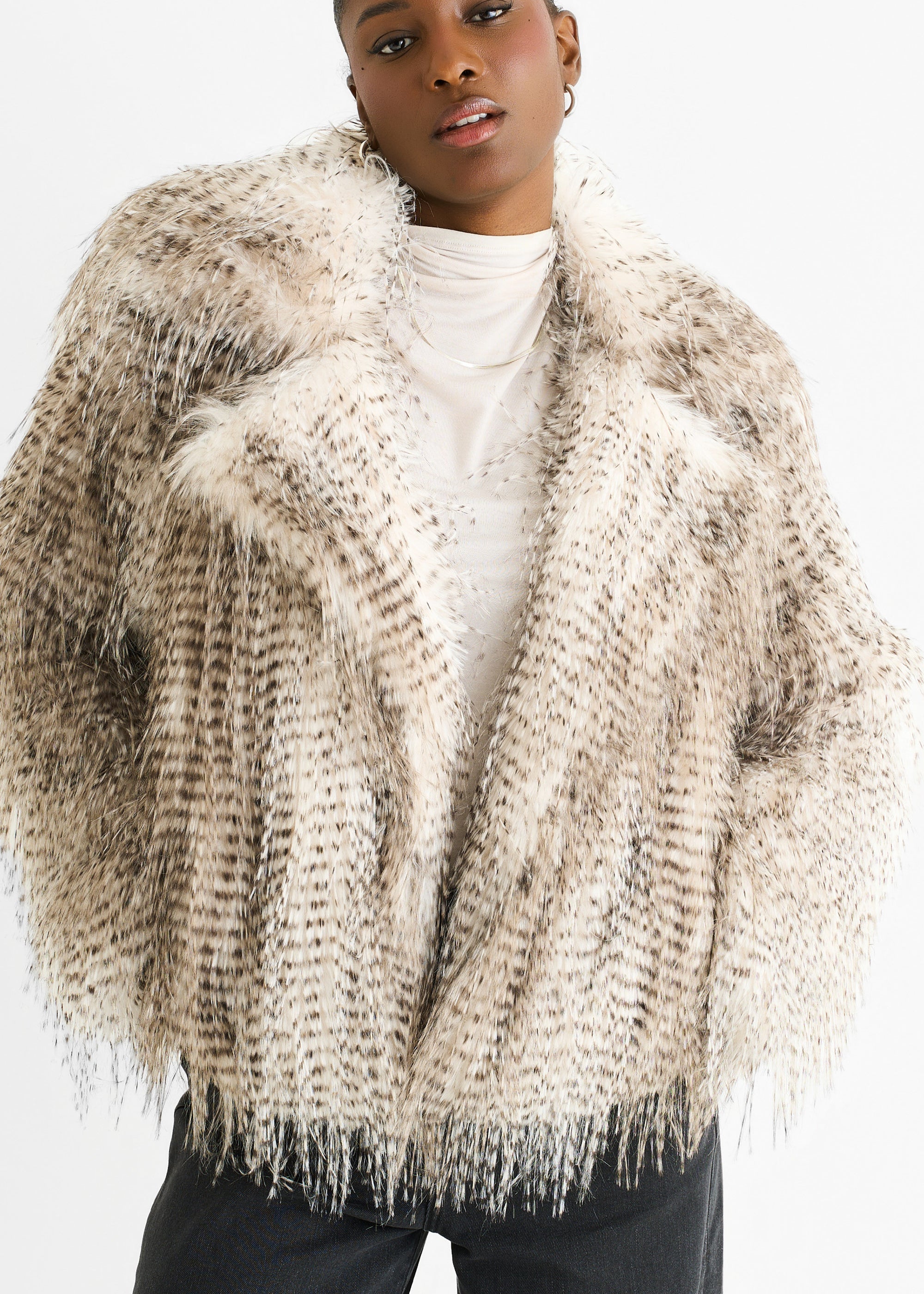 Brown Snow Leopard Faux Fur Short Jacket