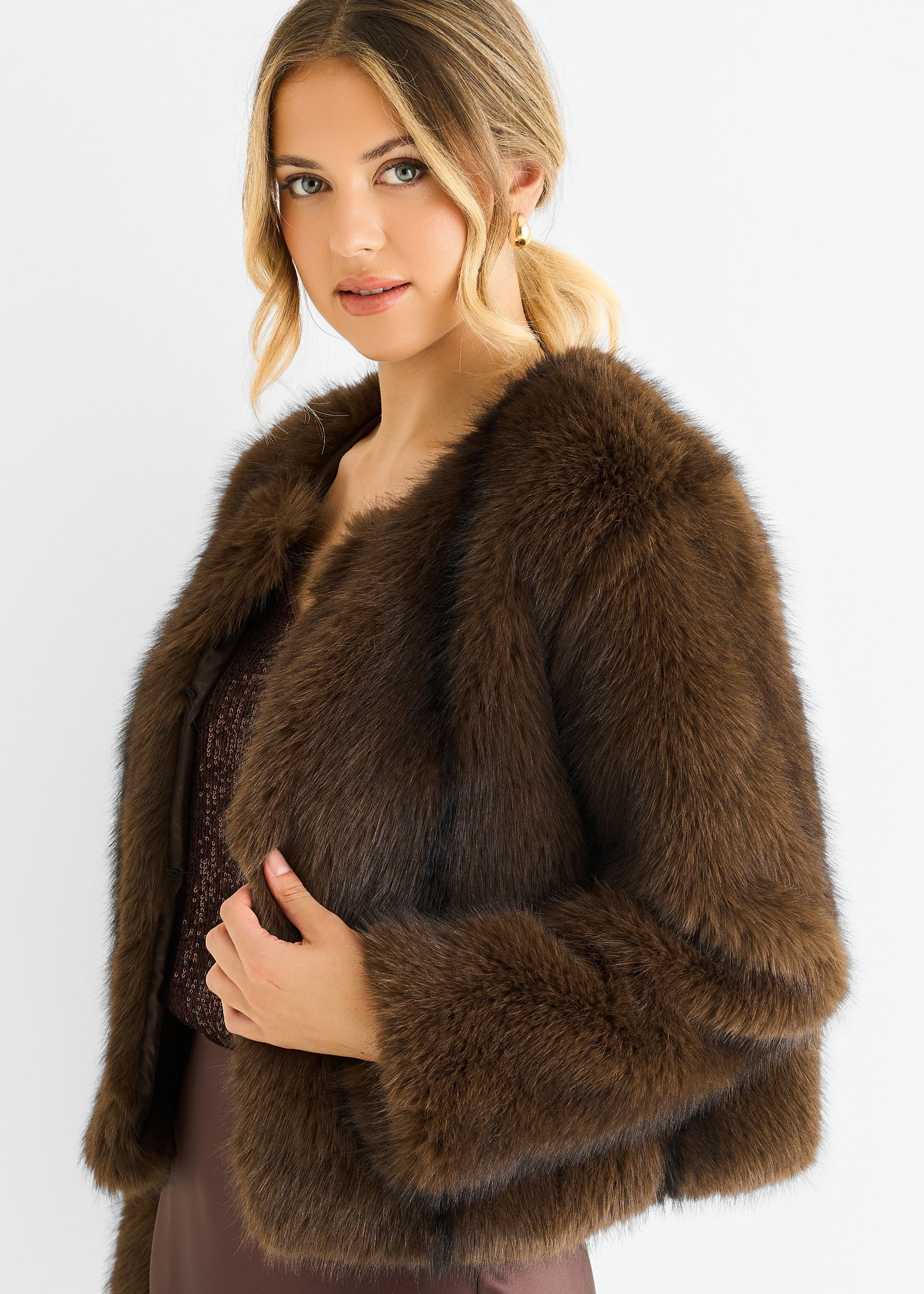 Coffee Round Neck Faux Fur Cropped  Jacket