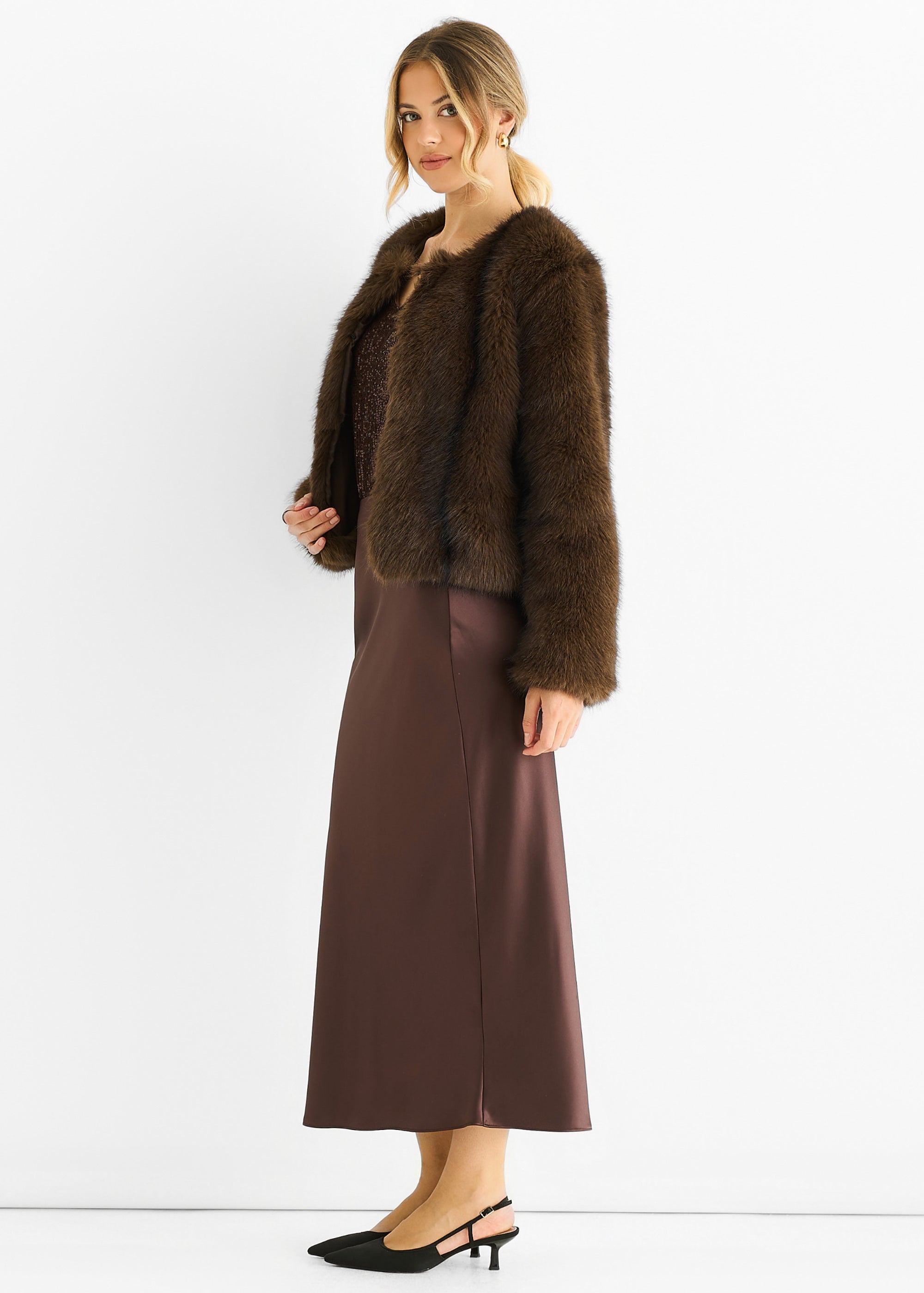 Coffee Round Neck Faux Fur Cropped  Jacket
