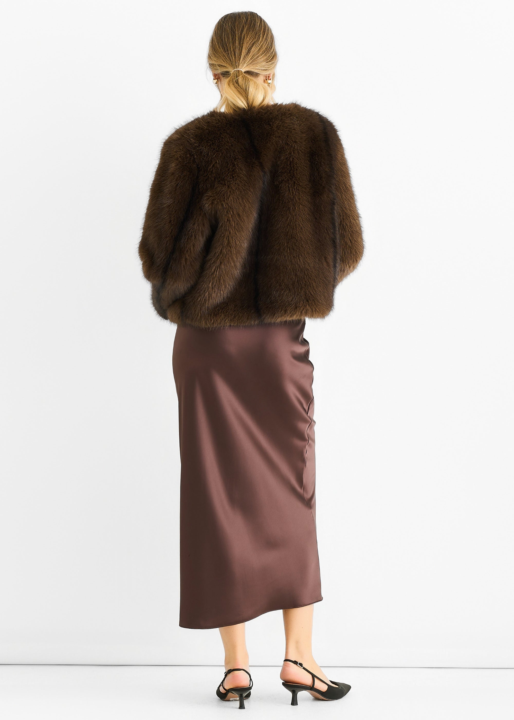 Coffee Round Neck Faux Fur Cropped  Jacket